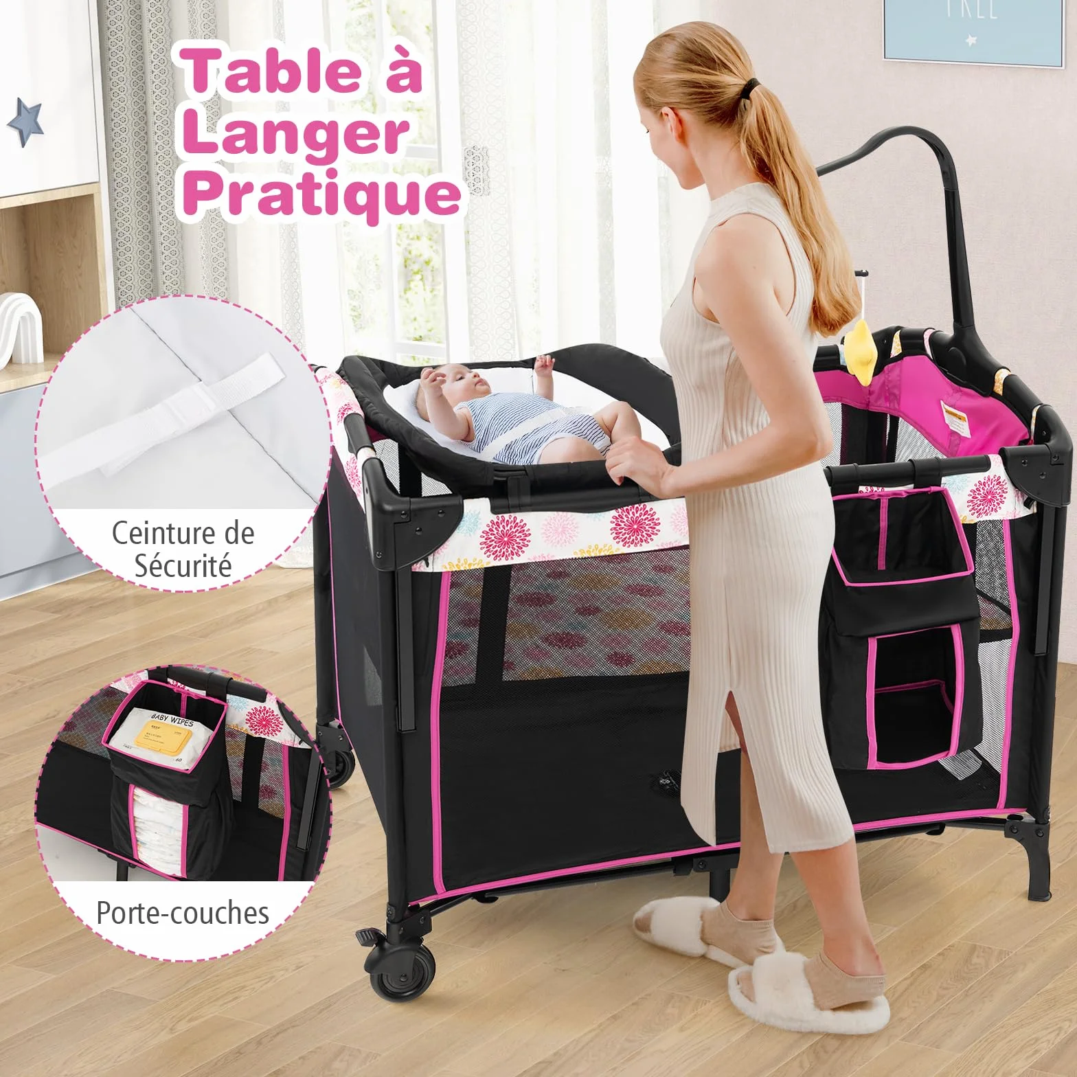 DREAMADE Lit Parapluie Bébé 4 en 1 107x72x119 cm Cododo avec Table à Lange & Matelas Noir+Rose