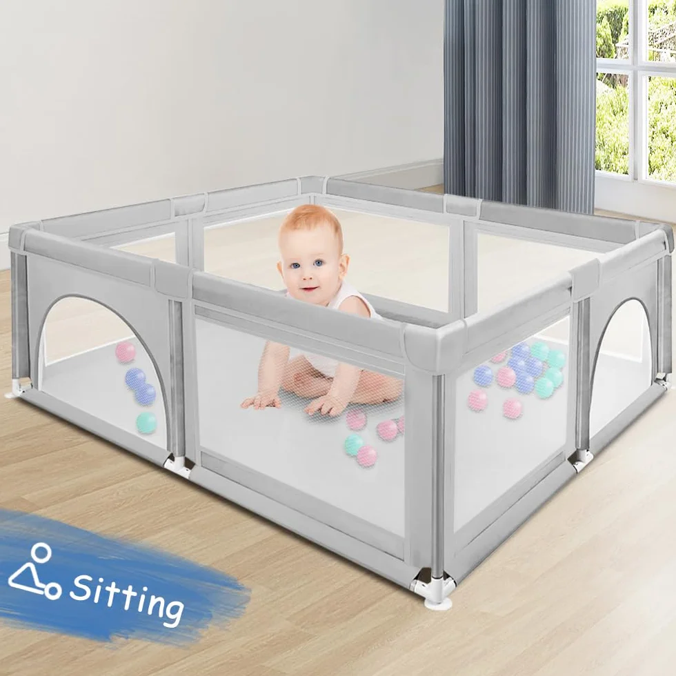 Parc Bébé avec 4 Ventouses et Porte Zippée, Clôture Bébé Tissu Oxford Gris clair 120x120x66cm