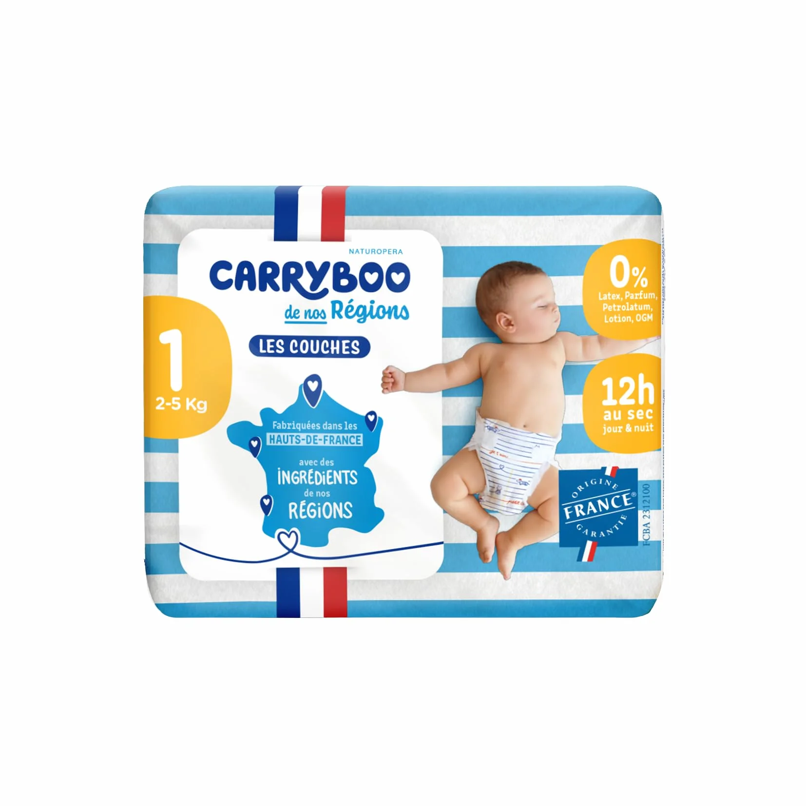 CARRYBOO Couches Taille 1 (2-5kg) 12h Anti Fuites Fabriquées en France Pack 24