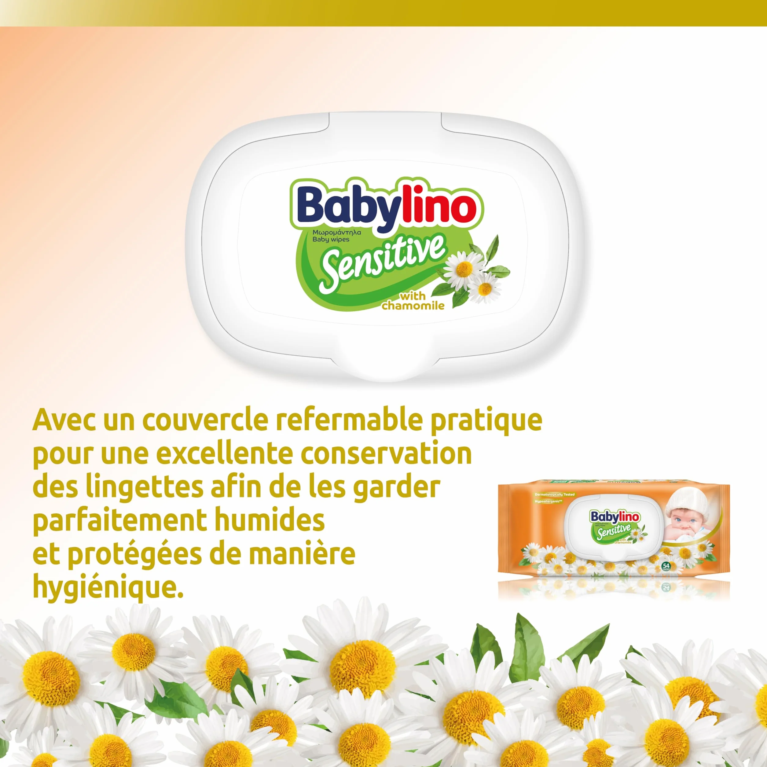 Babylino Sensitive Lingettes Camomille 98% Naturelle pH Restaure 3 Paquets 162 Lingettes
