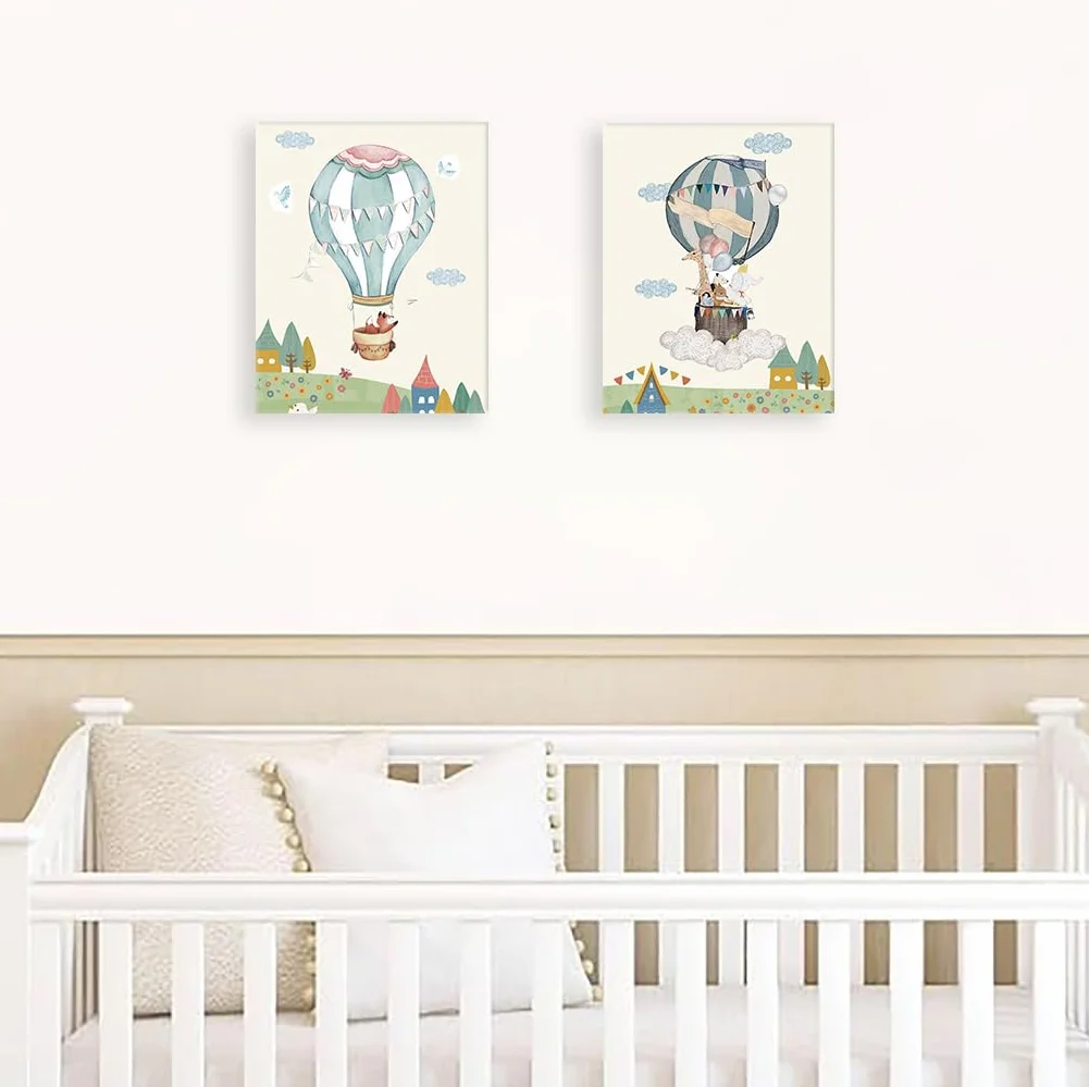 KAIRNE Lot de 4 posters animaux avec cadre 20x25 cm motifs avion montgolfière tableaux muraux chambre bébé