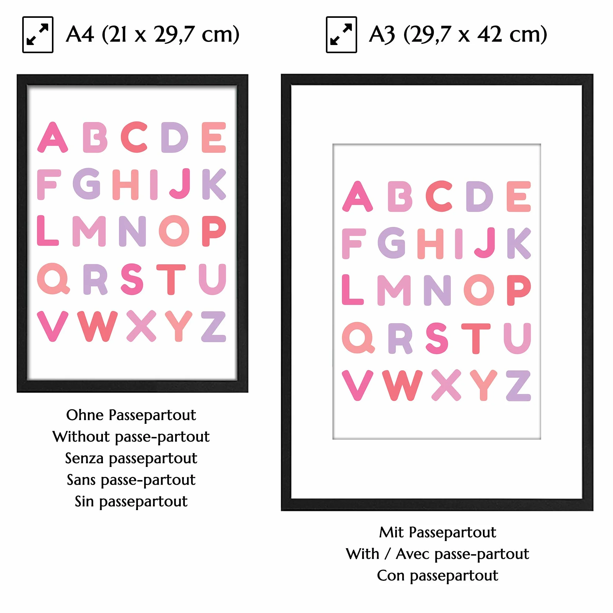 PREMYO Affiche Décoration Murale Alphabet ABC Arc-en-ciel Rose Papier Épais A4