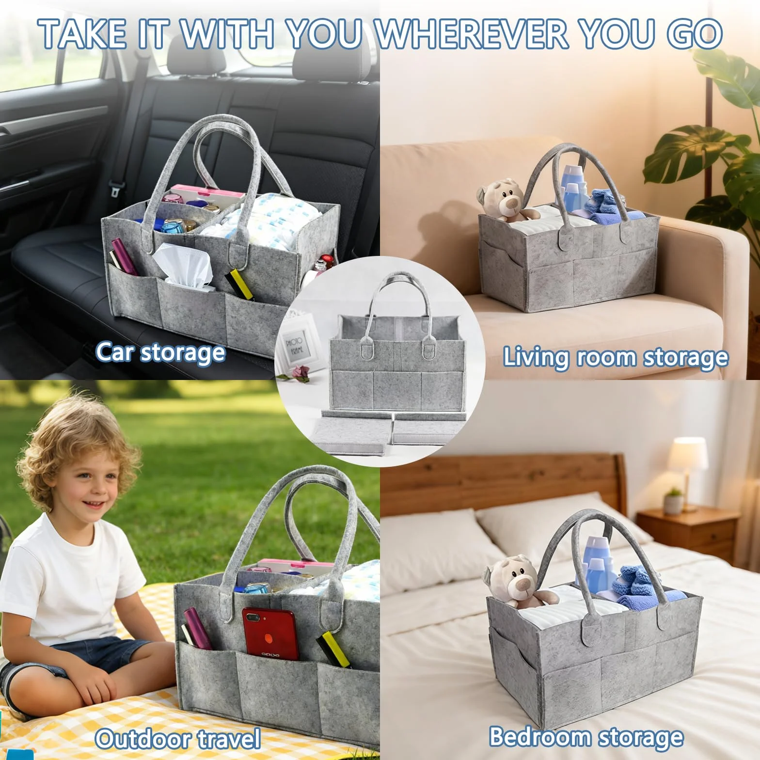 Organisateur de Rangement Pliable en Feutre avec Poignées Panier Multifonction