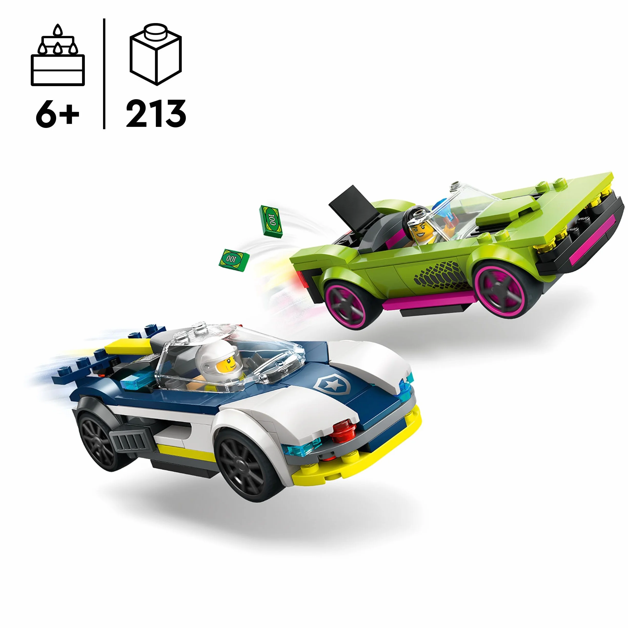 LEGO City La Course-Poursuite Entre la Voiture de Police et la Super Voiture, Jouet Imaginatif et de Rôles, Minifigurines d'Agent et Voleuse, Cadeau pour Garçons et Filles Dès 6 Ans 60415