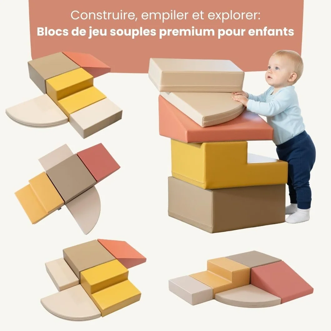 IGLU Soft Play Corner Climber Parcours de Motricité 5 Modules XL Mousse Bébé Enfant Blocs Construction Souples Jeu d’Éveil Montessori Toboggan Intérieur Automne Pastel