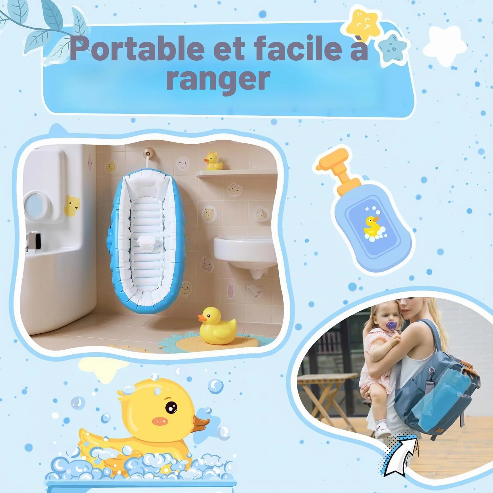 Baignoire Gonflable pour Bébé Portable avec Pompe à Air Mini Piscine Nouveau-né