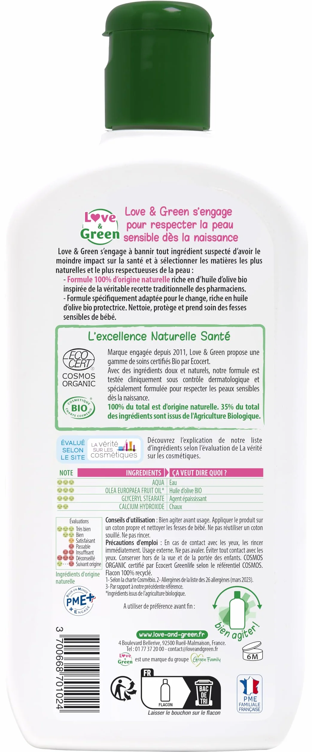 Love & Green BioLiniment certifié Bio Sans parfum 500ml Fabriqué en France
