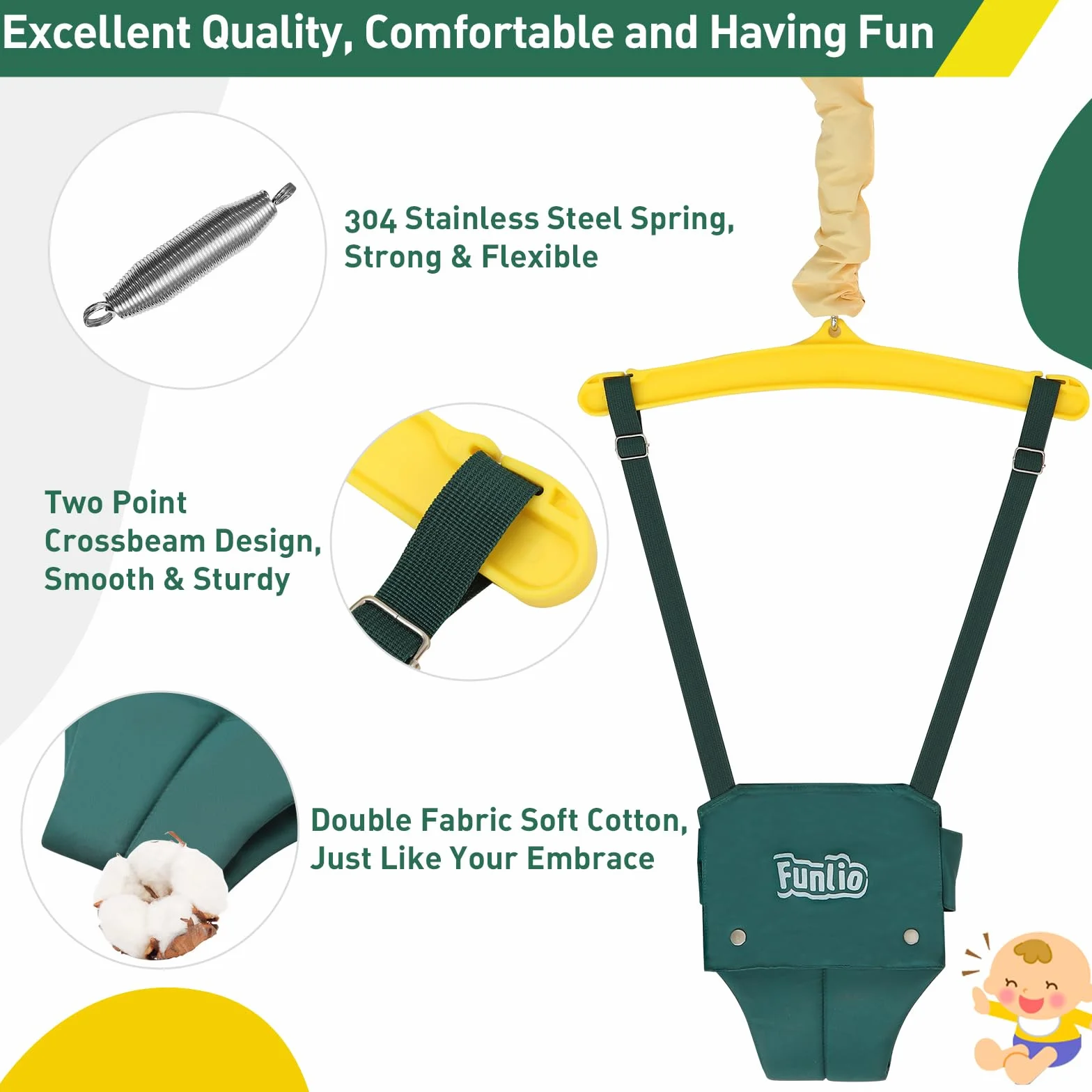 FUNLIO balançoire 2 en 1 pour bébé avec sièges sauteurs suspendus, support en métal pliable, vert