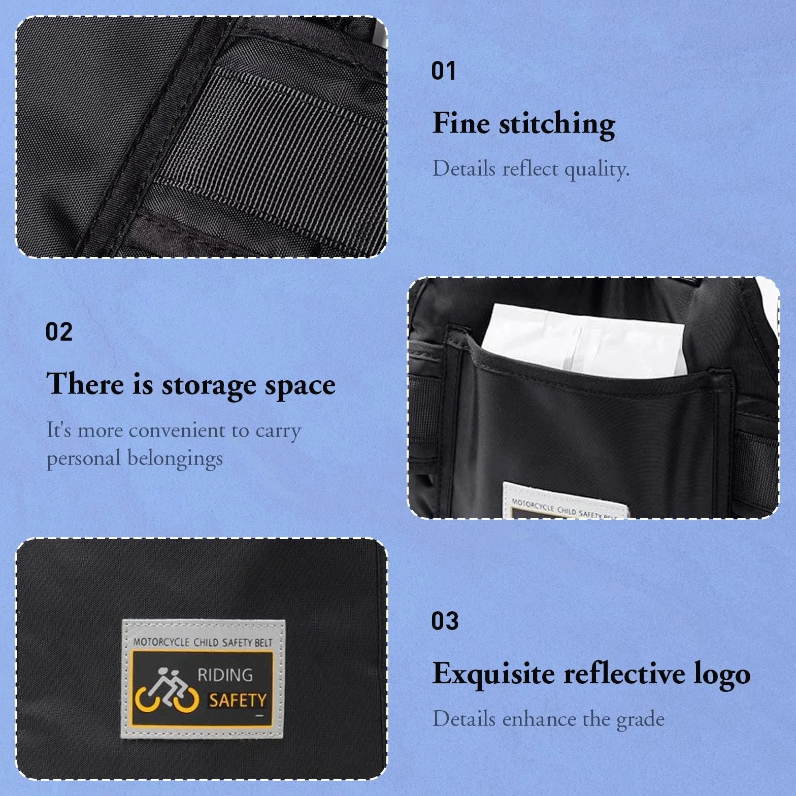 Harnais de Sécurité Moto Enfant Réglable avec Sac et Bandes Réfléchissantes, Ceinture Protection 2-15 Ans