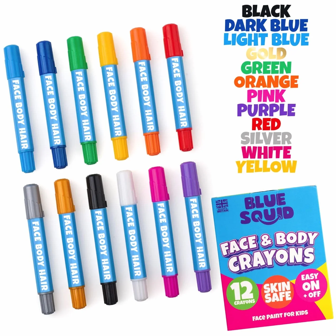 Blue Squid Crayons de Peinture Visage pour Enfants - Kit 12 Couleurs Vives, Mines Extensibles, Sûr Peau Sensible
