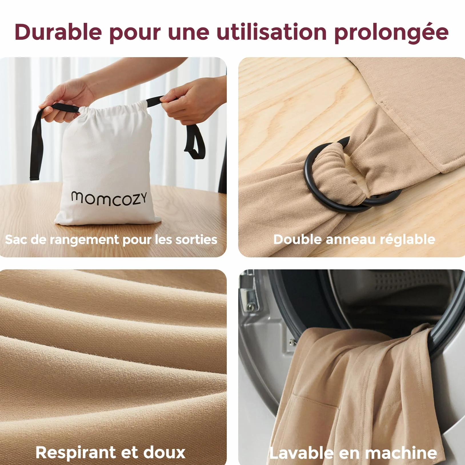 Momcozy Écharpe de Portage Bébé Nouveau-nés Anneaux Facile Enfiler Respirante Mains Libres Porte-bébé Réglable 3,6-15 kg Beige sable