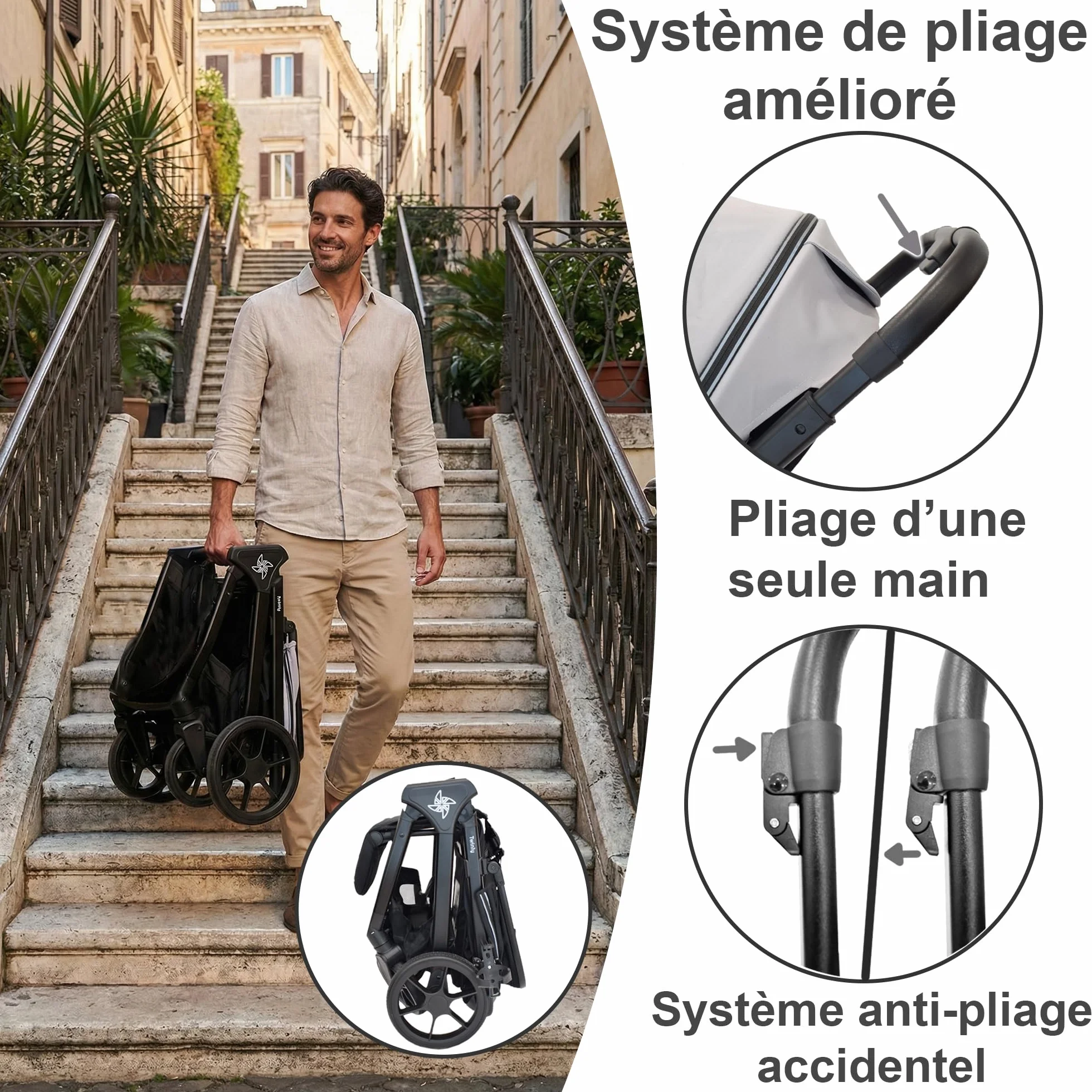 Poussette Canne Compacte et Légère jusqu'à 25kg Dès la Naissance Siège Large Capote XXL UPF-50 Pliage d'une Main Grandes Roues Noir