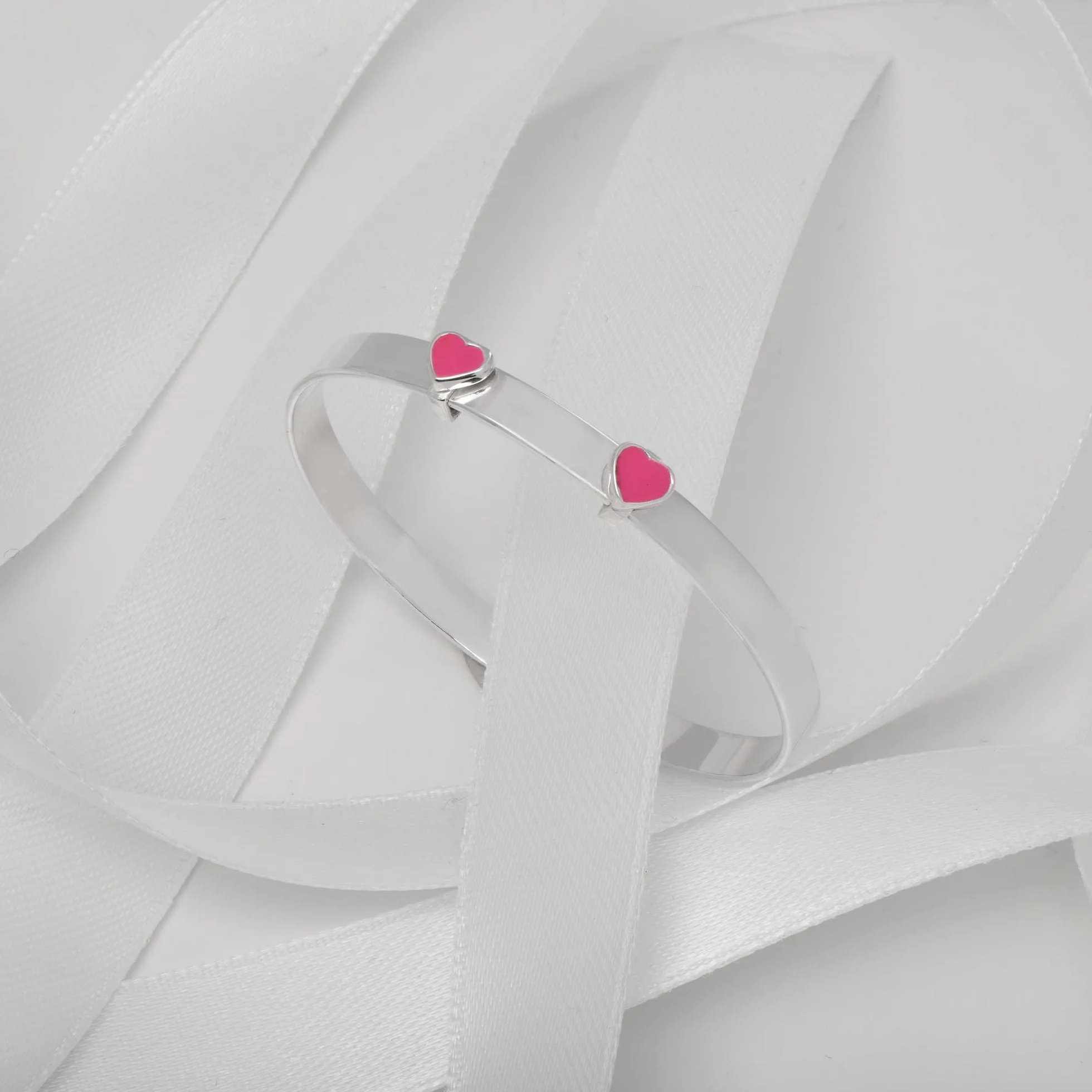 Aeon Bracelet extensible bébé argent sterling 925, cœurs émail rose, baptême, coffret cadeau