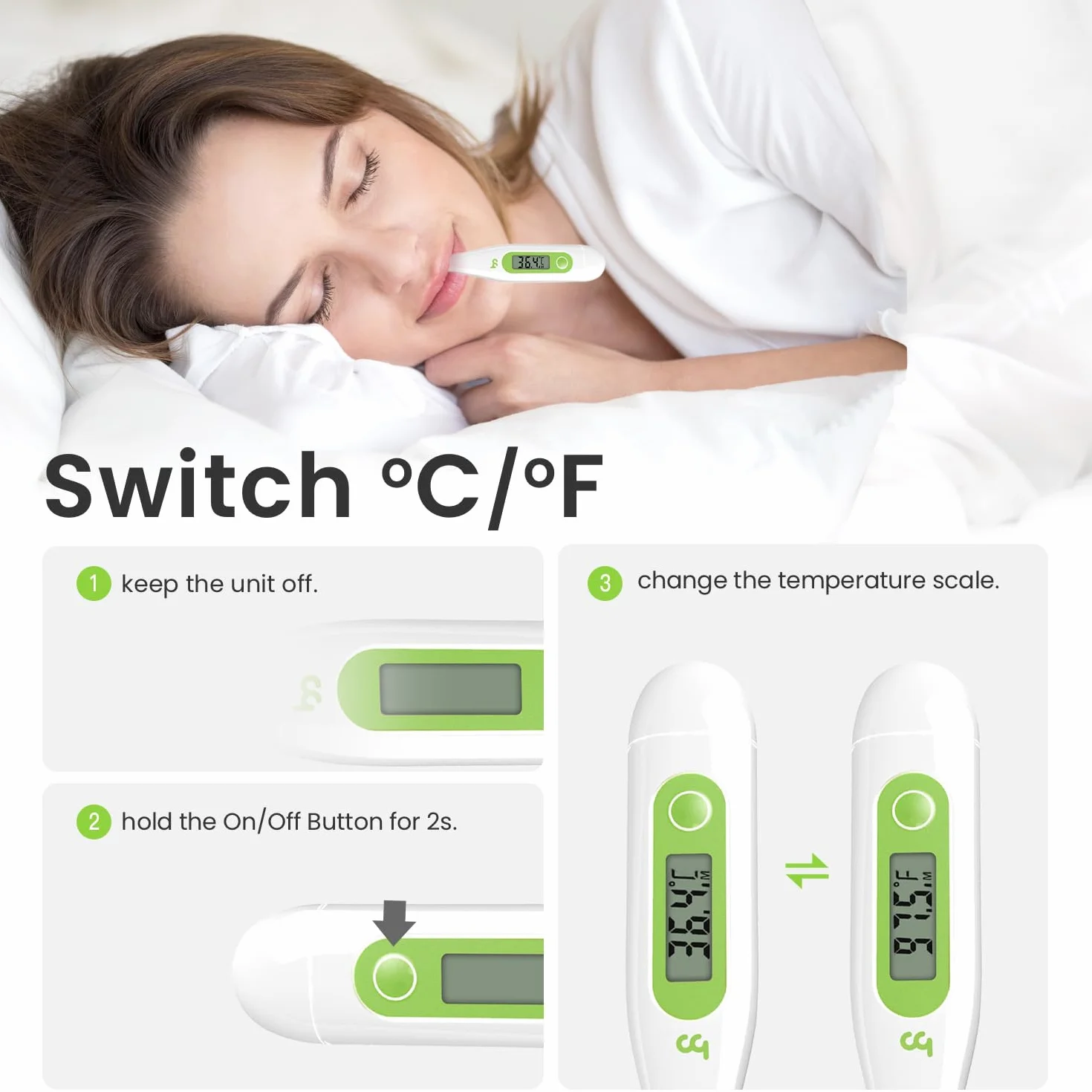 Thermomètre Numérique Médical pour Bébé et Adultes, Rapide et Précis, Commutable ℃/℉, Vert