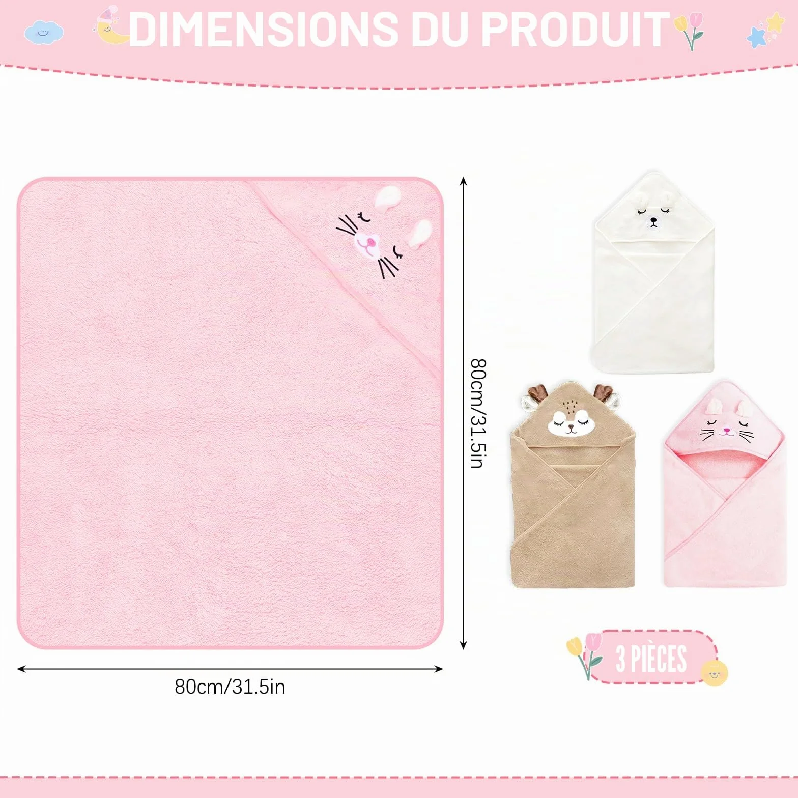 Serviette de Bain à Capuche Bébé Polaire Corail 80x80 cm Absorbante Lot 3 Chat Rose Cerf Café