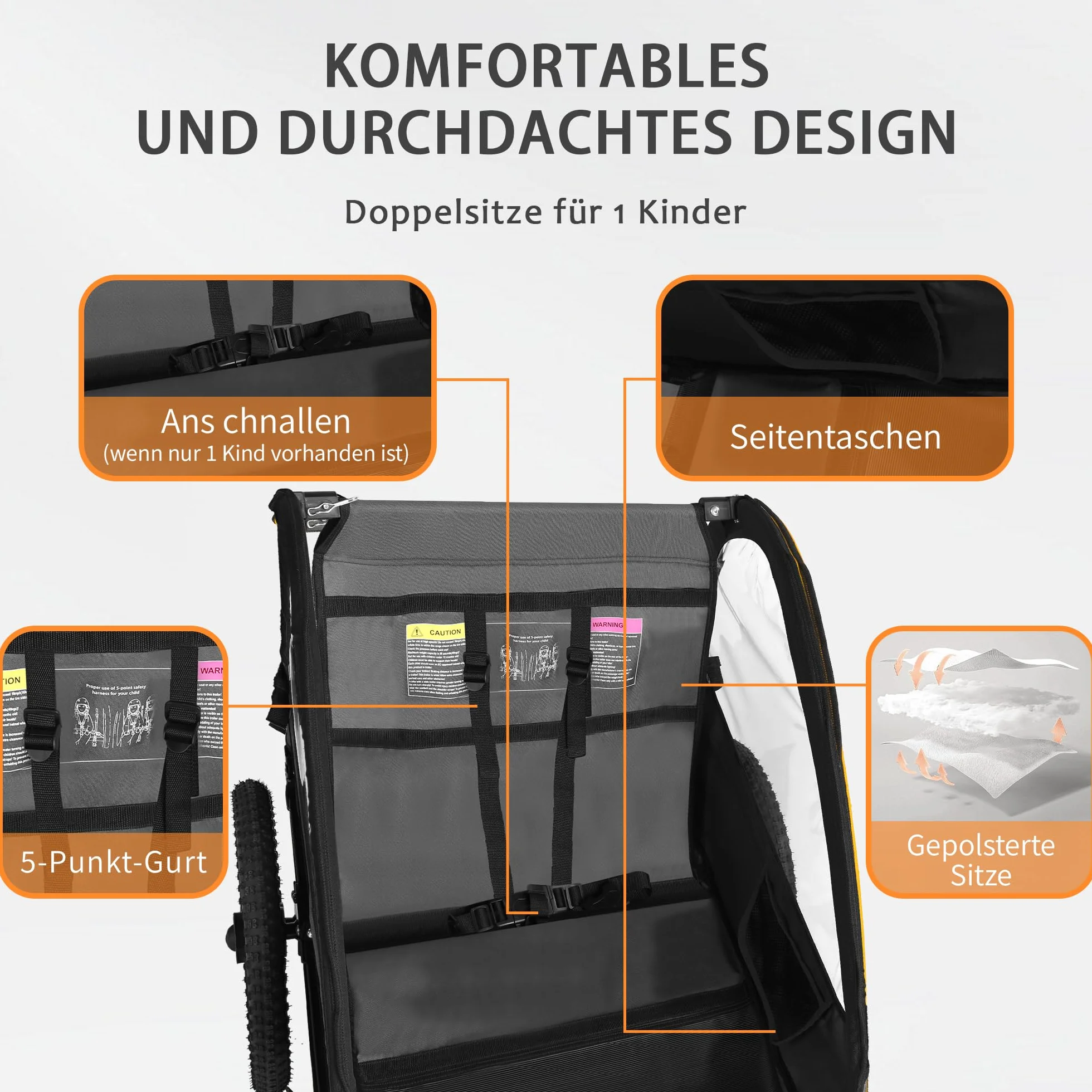 Remorque de vélo pour enfant pliable avec siège ergonomique et pneus pneumatiques