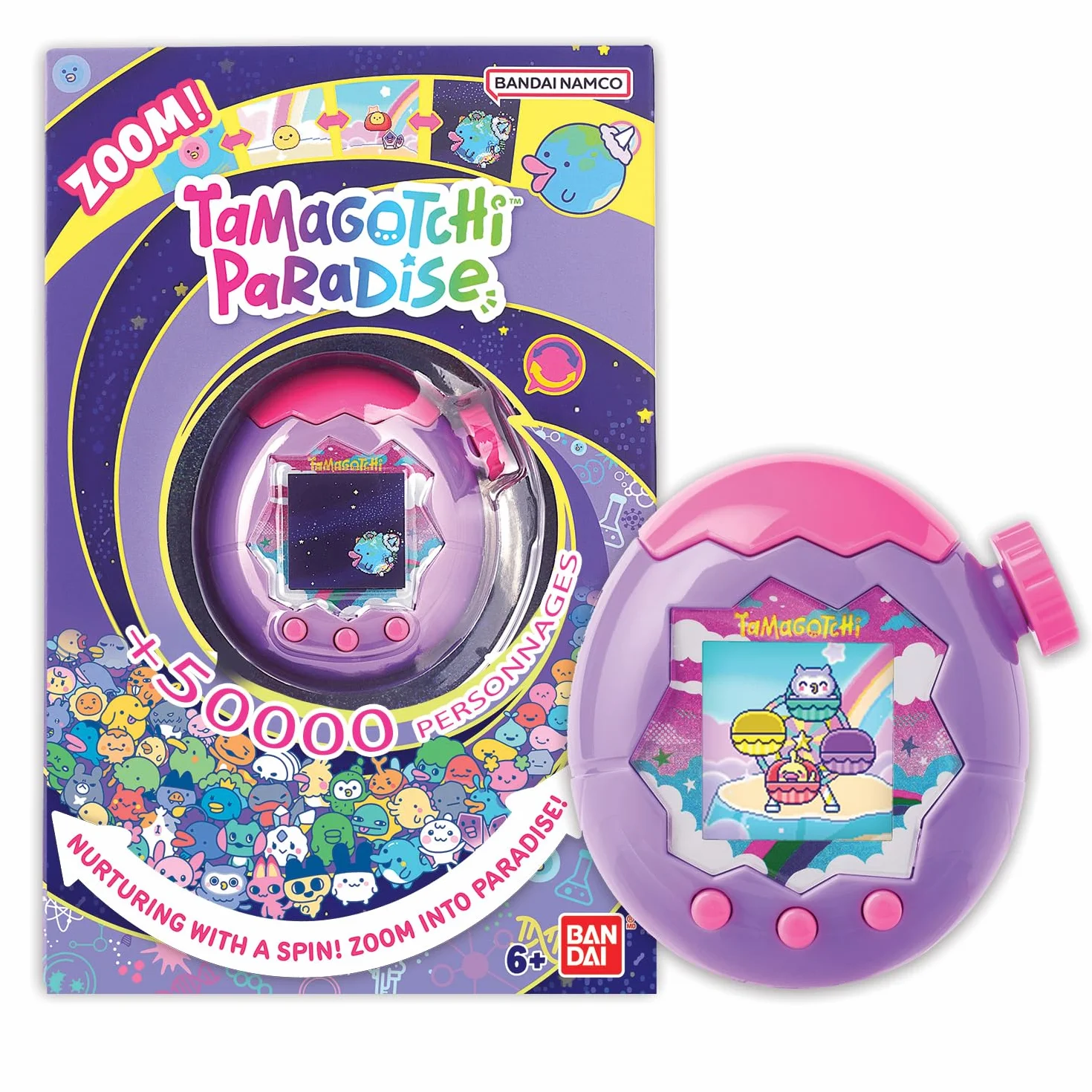 Bandai Tamagotchi Paradise Ciel Animal Virtuel à élever avec molette de Zoom Jouet Interactif français Violet Rose