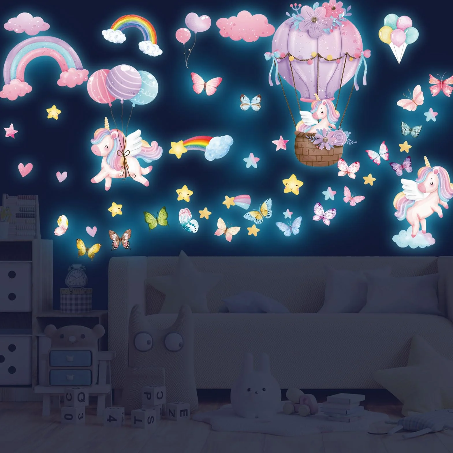 Licorne Étoile Lumineuse Autocollant Mural Arc en Ciel Décoration Murale Chambre Enfants