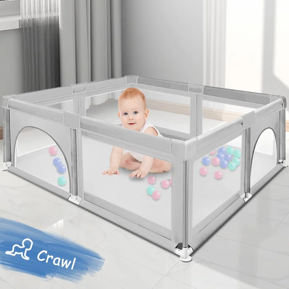 Parc Bébé avec 4 Ventouses et Porte Zippée, Clôture Bébé Tissu Oxford Gris clair 120x120x66cm
