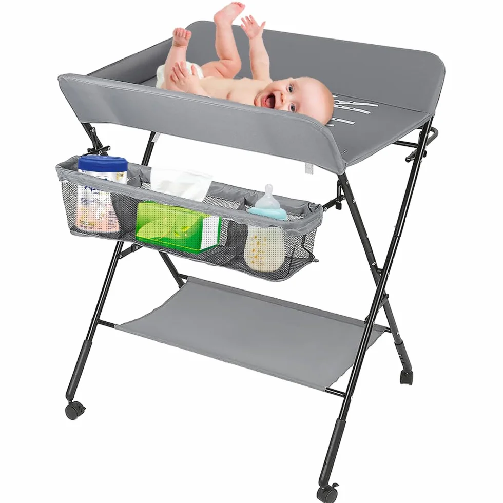 Table à langer pliante bébé avec panier rangement ceinture sécurité 4 roues frein réglable hauteur