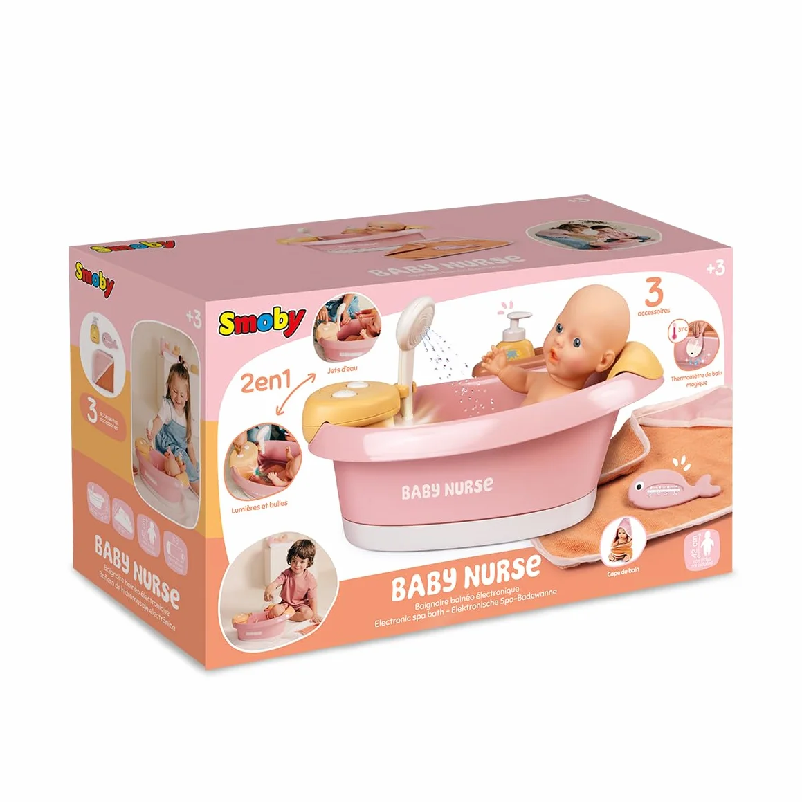Smoby Baby Nurse Baignoire Balnéo pour Poupons 42 cm Module Electronique Jets d'eau Bulles Lumières LED Accessoires Jeux