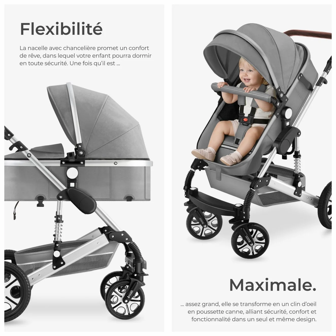 Tectake Poussette combinée pliable 0-36 mois nacelle siège sport harnais 5 points compacte voyage