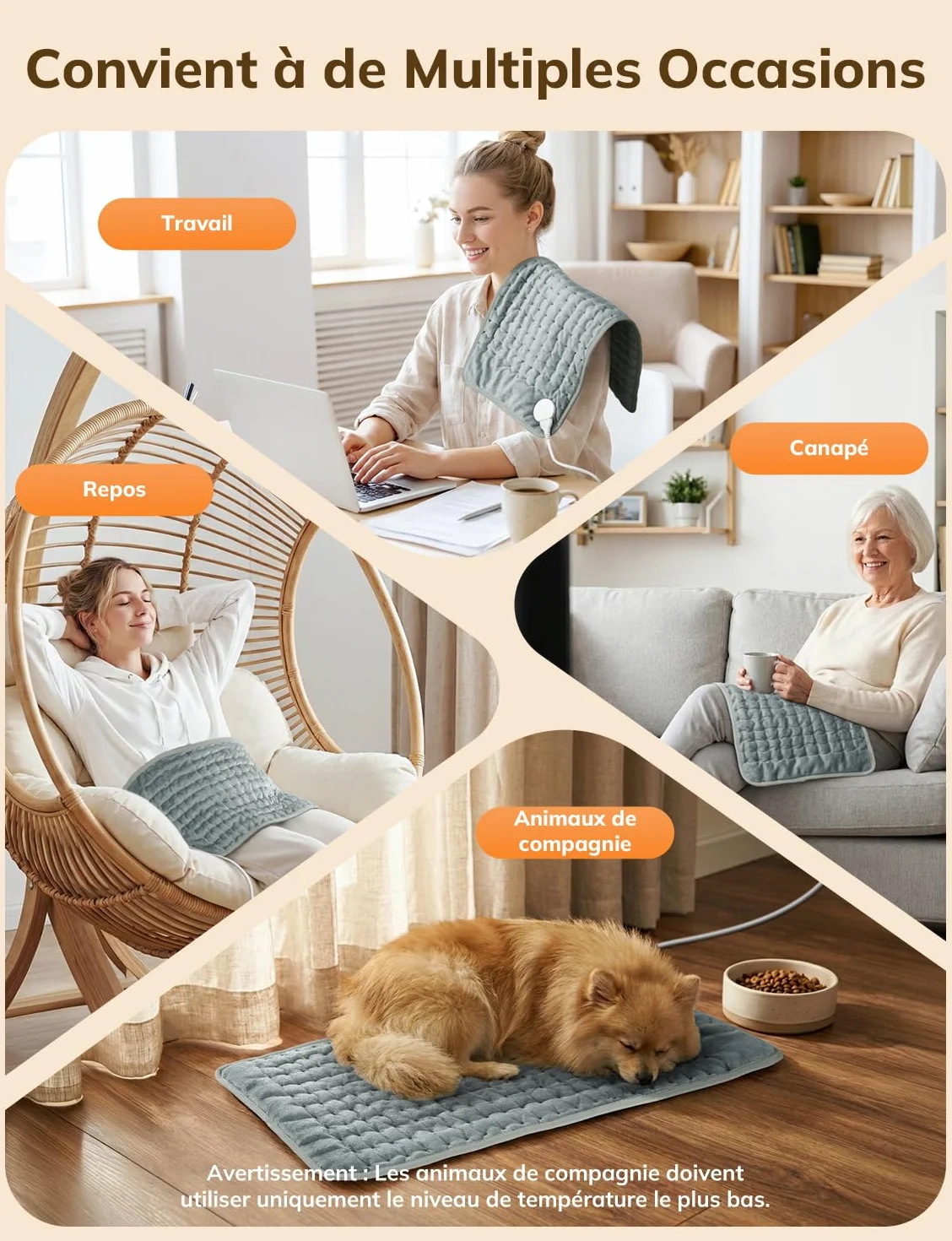 Coussin Chauffant Électrique 60x30cm Dos Épaules Abdomen 6 Niveaux Température 4 Minuterie Arrêt Automatique Lavable Gris Foncé