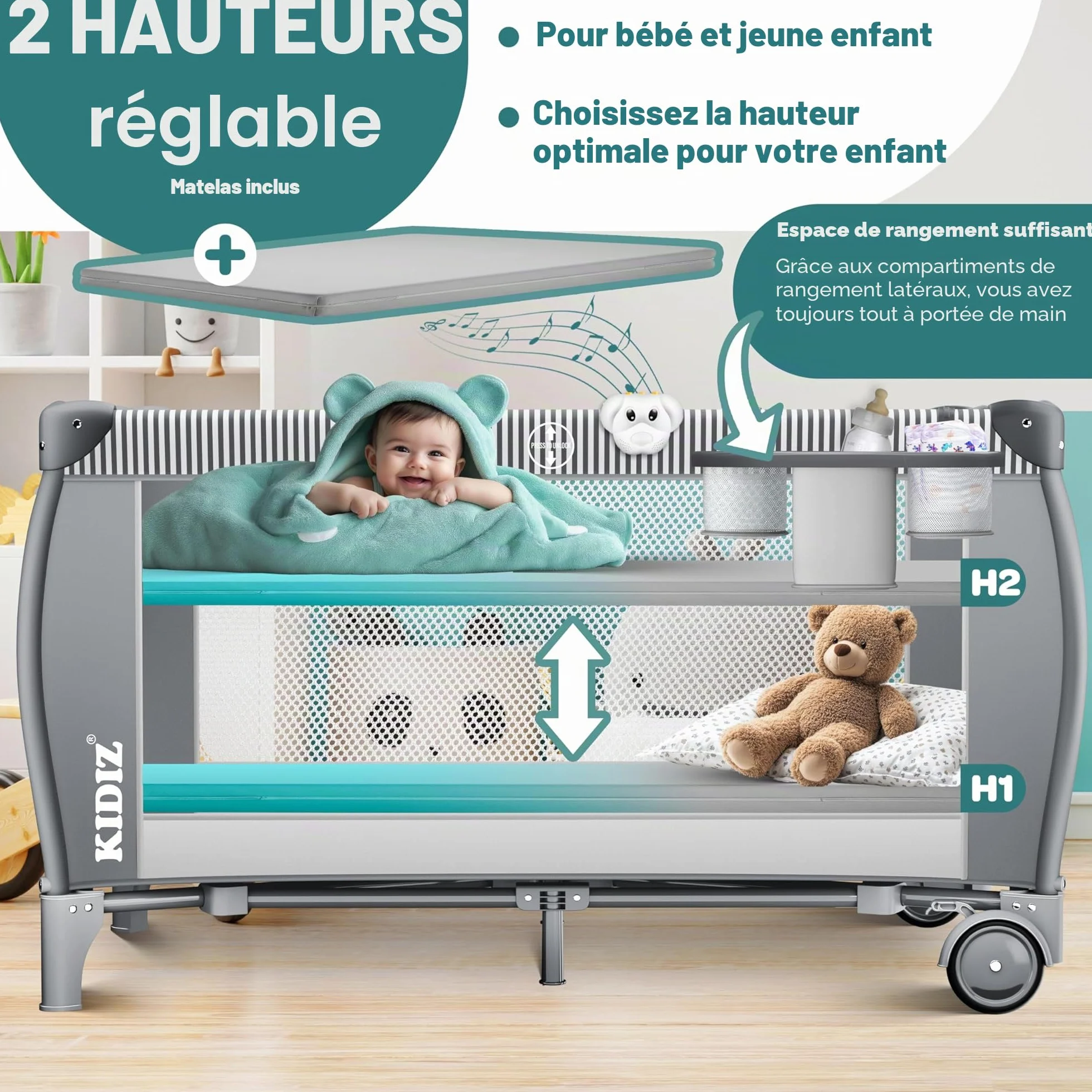 KIDIZ® Lit de Voyage 3 en 1 Parc Pliable avec Matelas à Langer, Moustiquaire, Gris de la Naissance à 15 kg