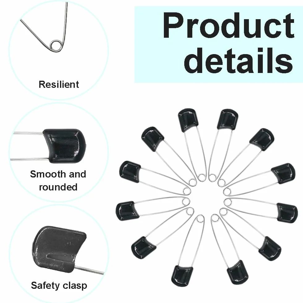 Épingles à couches 5,5 cm plastique noires lot de 50 avec fermeture de verrouillage