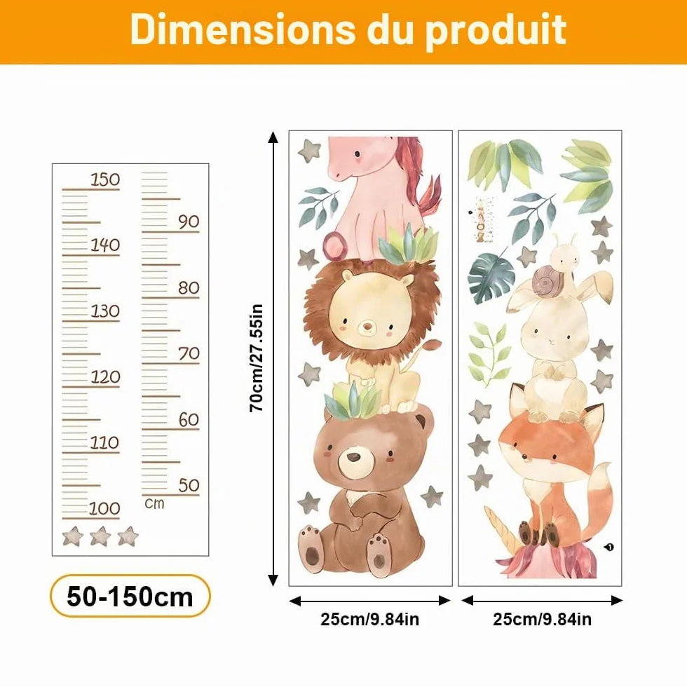 Toise Murale Enfant 50-150cm Règle Hauteur Stickers Animaux PVC Décoration