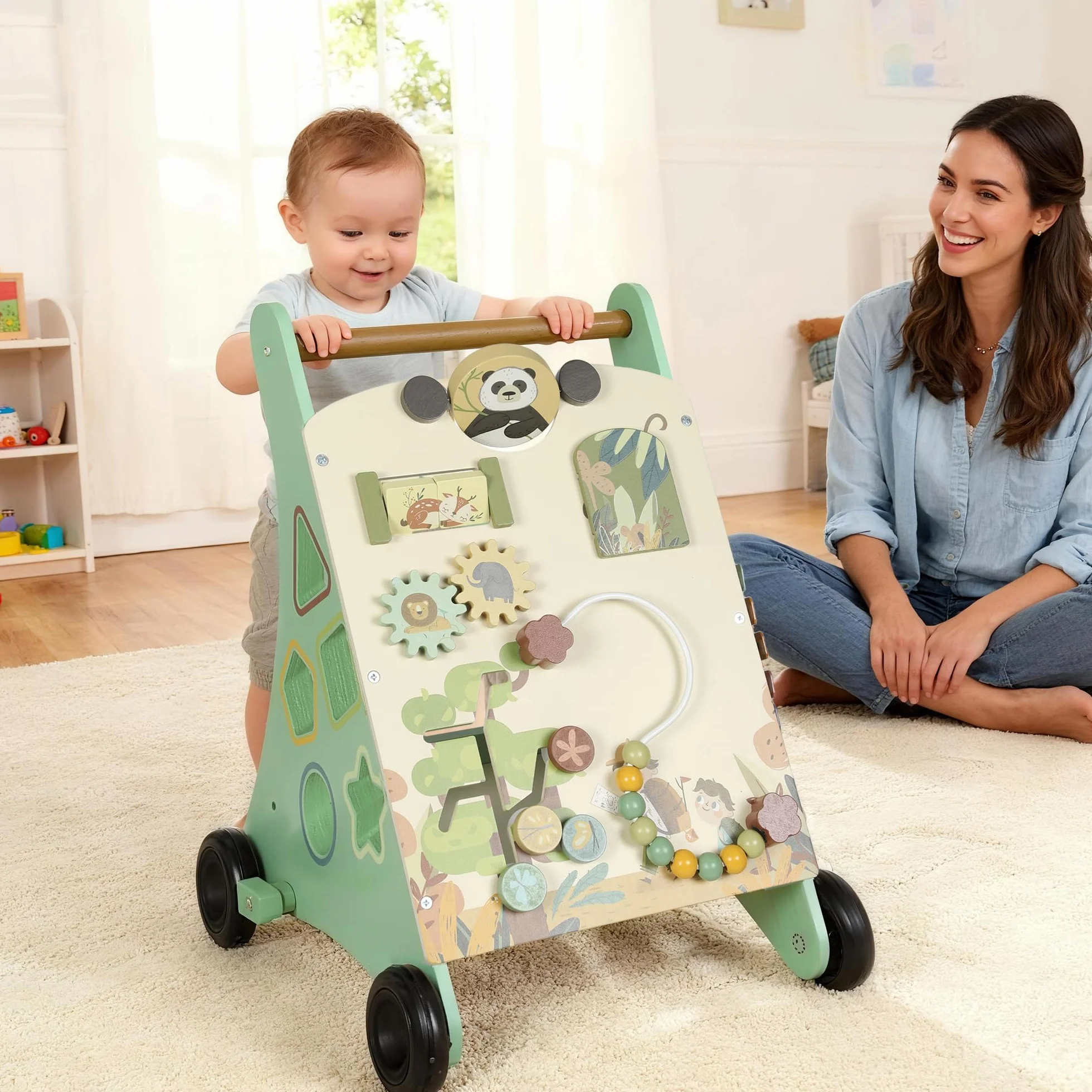 AIYAPLAY Trotteur en bois bébé contrôle vitesse centre activités xylophone engrenages labyrinthe perles chariot marche 18+ mois vert