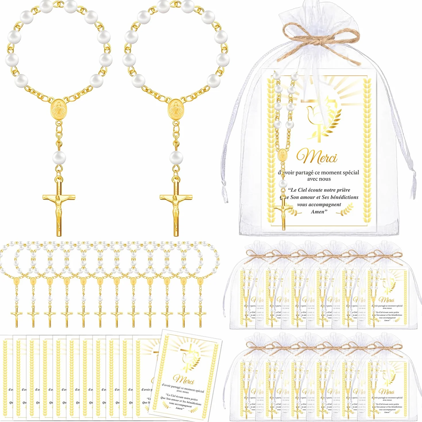 Chapelet en Acrylique Lot 12 Perles Carte Merci Sac Organza Cadeau Baptême Communion Mariage