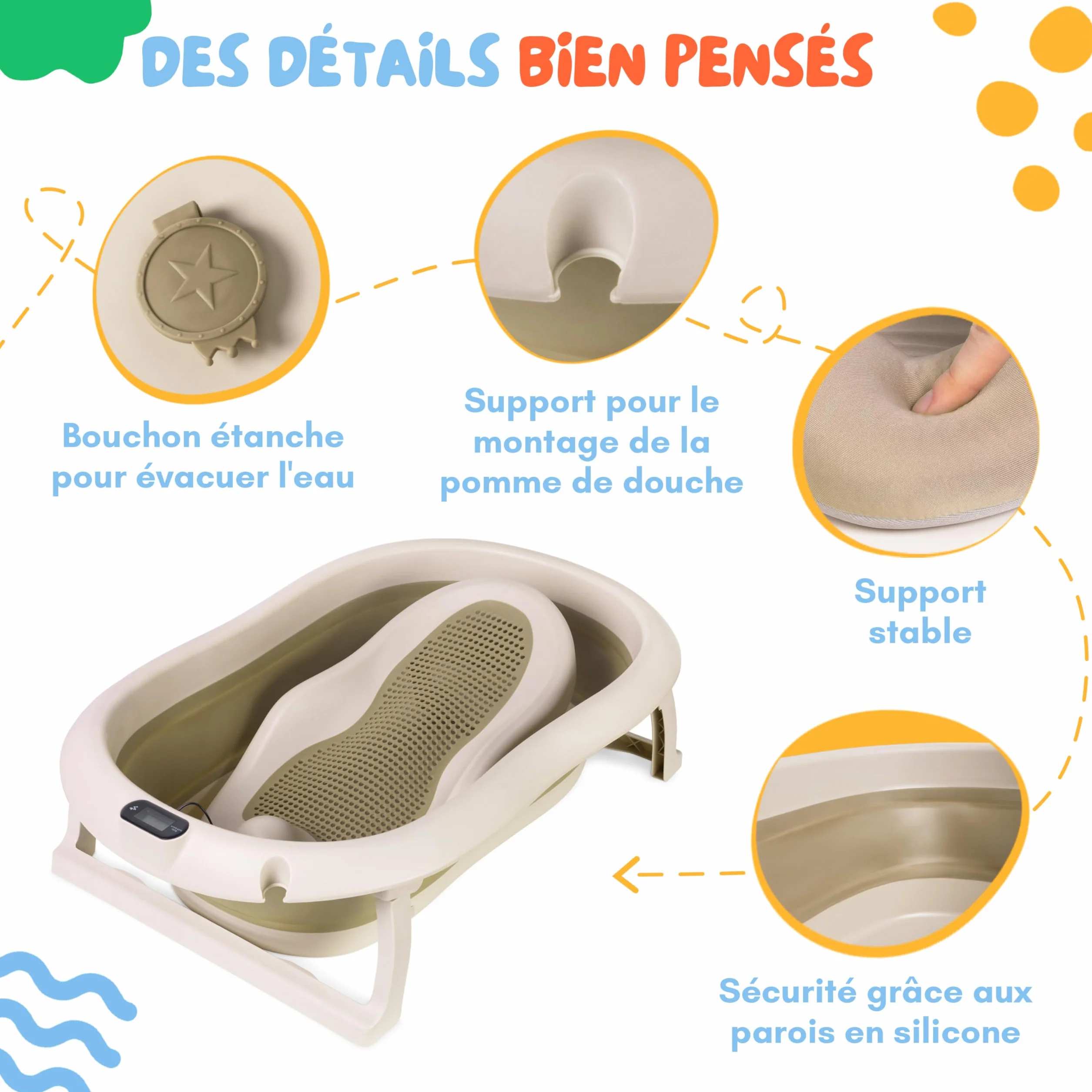 Baignoire bébé pliable 80 cm avec thermomètre et siège de bain antidérapante 0-36 mois