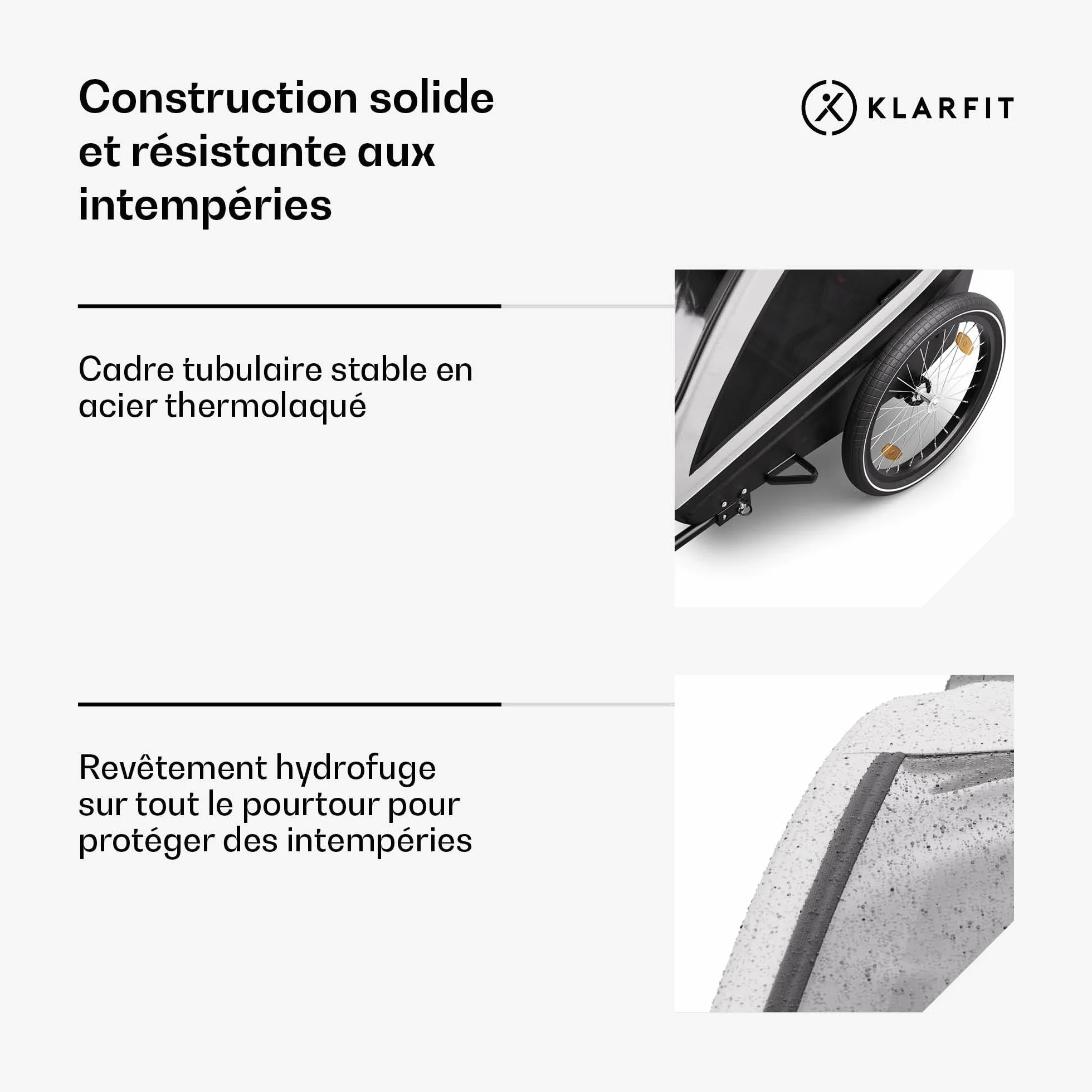 KLAR FIT GoKiddo Remorque Vélo Enfant 2-en-1 Freins Ceintures Sécurité Sièges Réglables 40kg Protection Pluie UV Pliable Gris Clair
