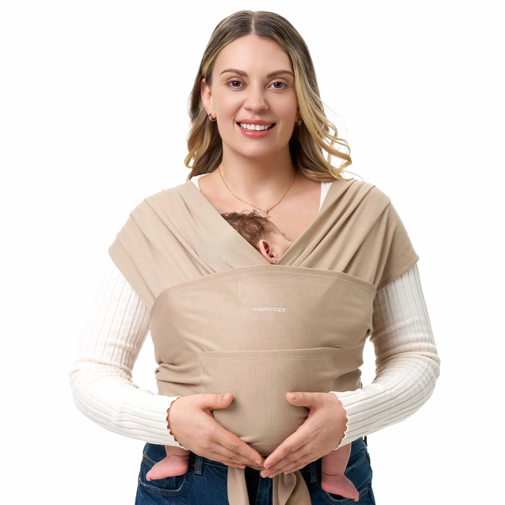 Momcozy Écharpe de Portage Bébé Nouveau-nés Anneaux Facile Enfiler Respirante Mains Libres Porte-bébé Réglable 3,6-15 kg Beige sable