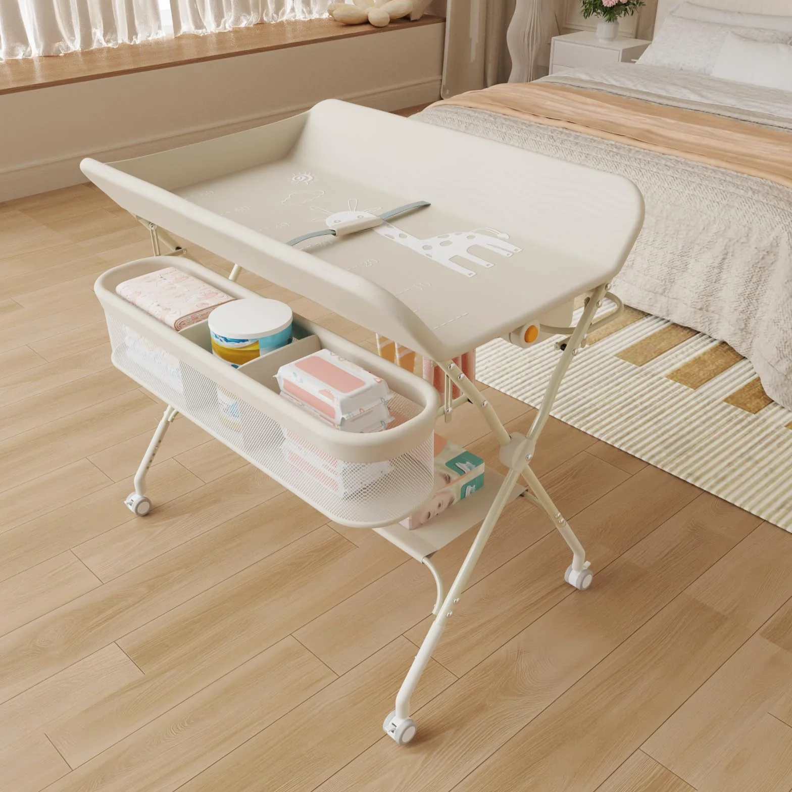 Supfine Table à Langer Pliable avec Panier Latéral, Réglable en Hauteur, Roulettes Verrouillables, Crème