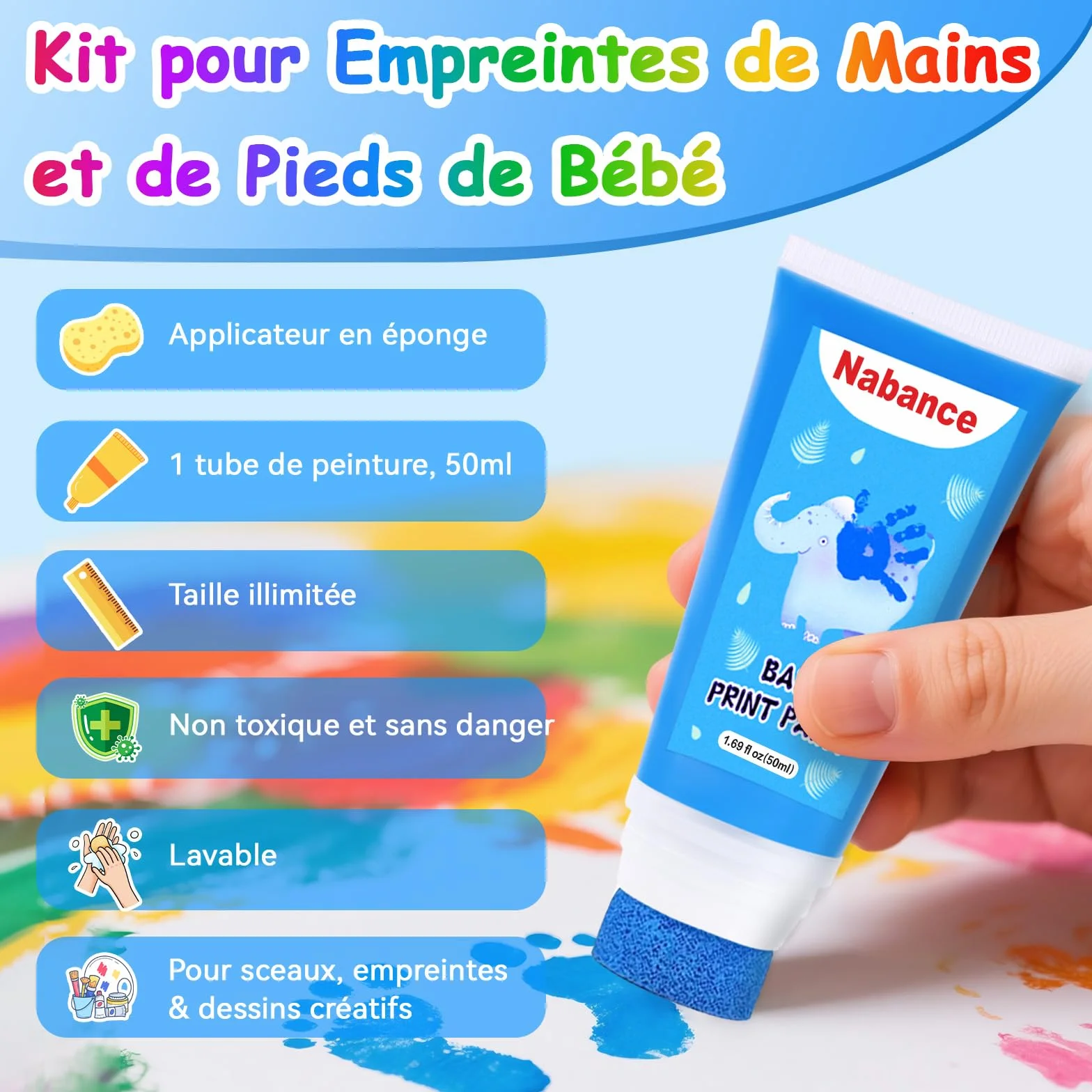 Kit Empreinte Bébé avec Attachement Éponge, Encre Non Toxique Lavable, Cadeau Naissance Souvenir Bébé - Bleu