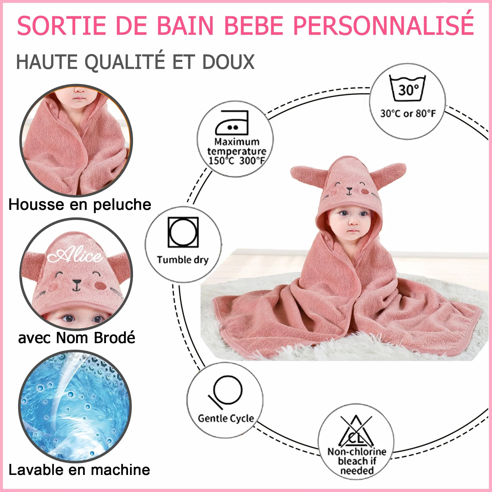 Cape de Bain Bébé Personnalisable Brodé avec Nom Cadeau Naissance Marron