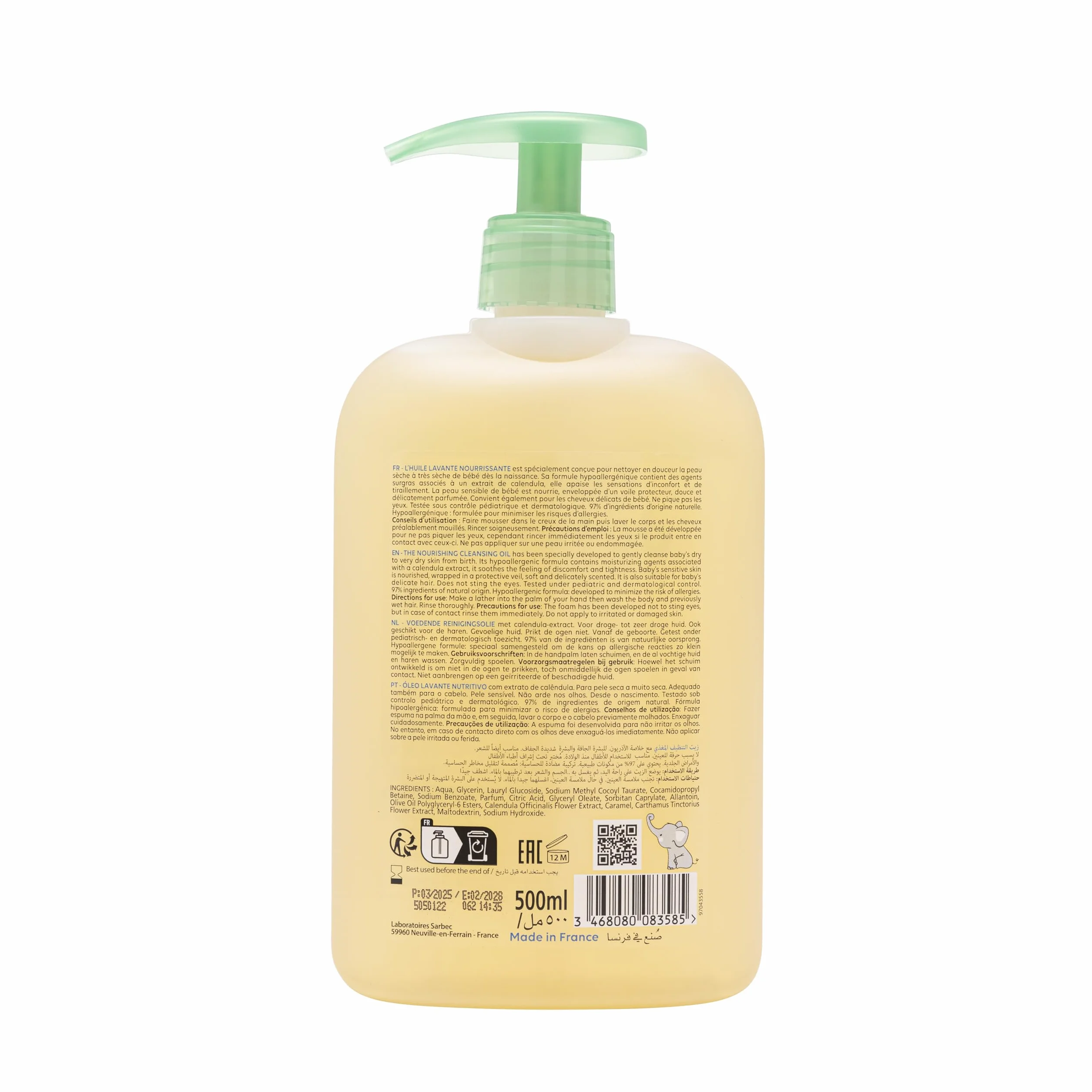 Corine de Farme Huile Lavante Nourrissante 500ml pour Bébé Extrait de Calendula Hypoallergénique Nettoyage Doux Peau Sèche