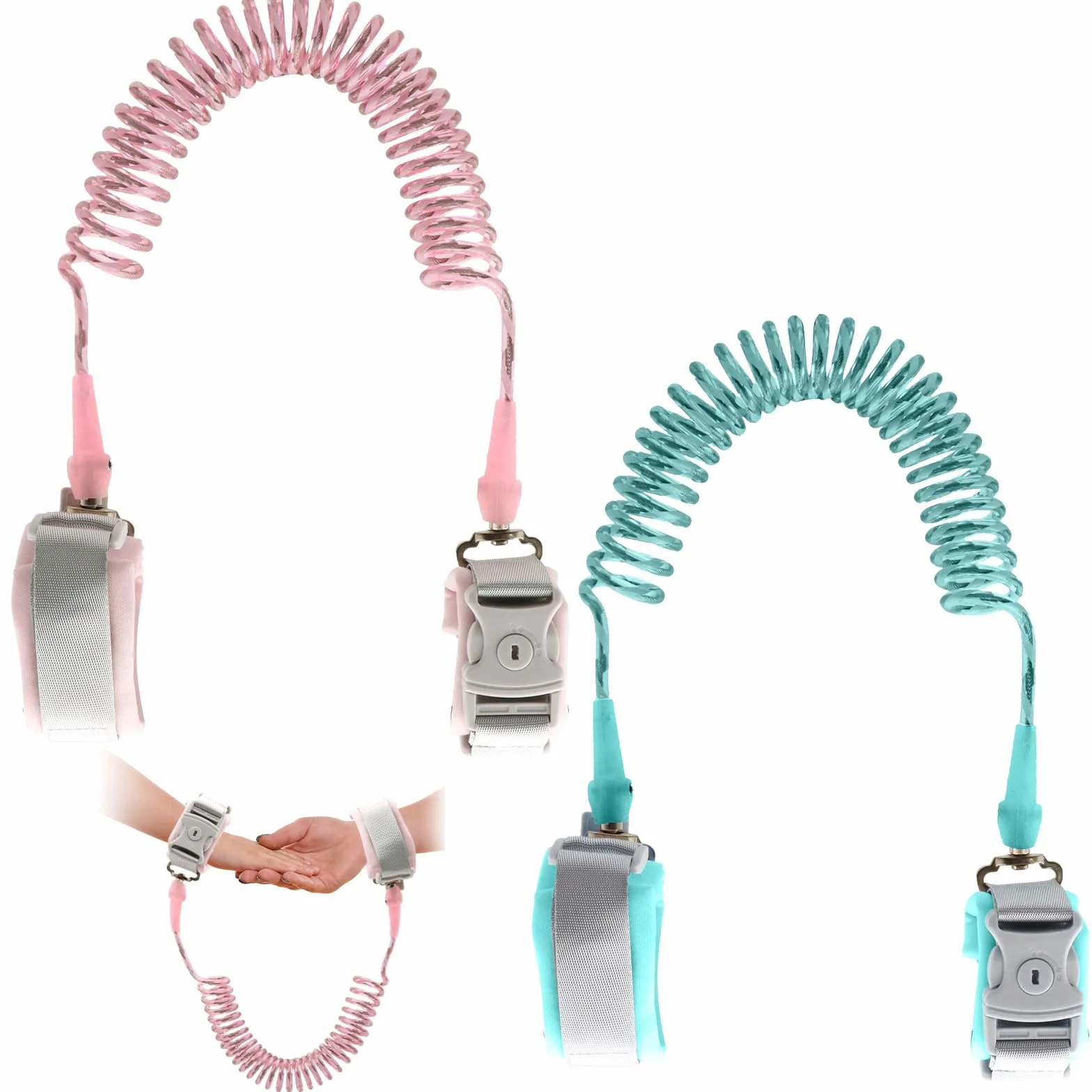 Laisse Enfant Anti-Perte 2,5m Harnais Rotation 360° Serrure à Clé Bracelet Sécurité Réfléchissant Silicone Rose Vert