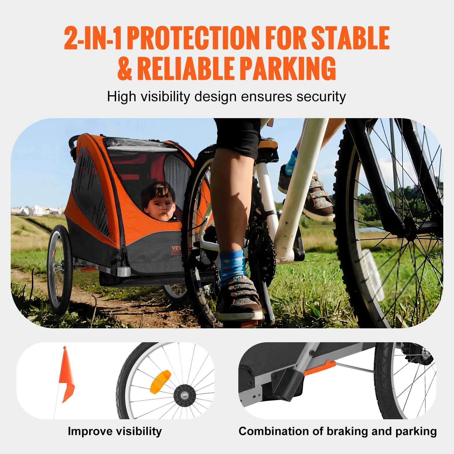 VEVOR Remorque de vélo pour Enfants Double Siège 55 kg 2en1 Pliable Poussette Orange Gris