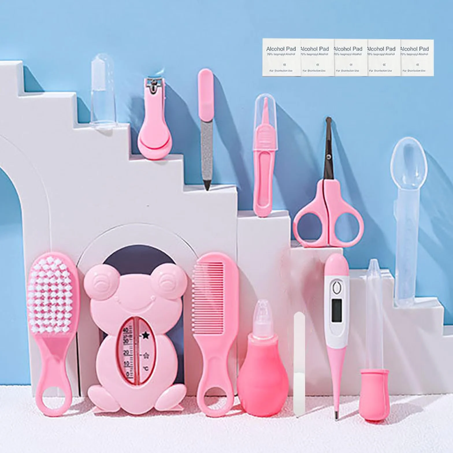 Kit Trousse de Toilette Bébé 13 Accessoires Soin Bébé Brosse à Cheveux Thermomètre Digital Bain Coupe-Ongles Lime Nouveau-Né Rose