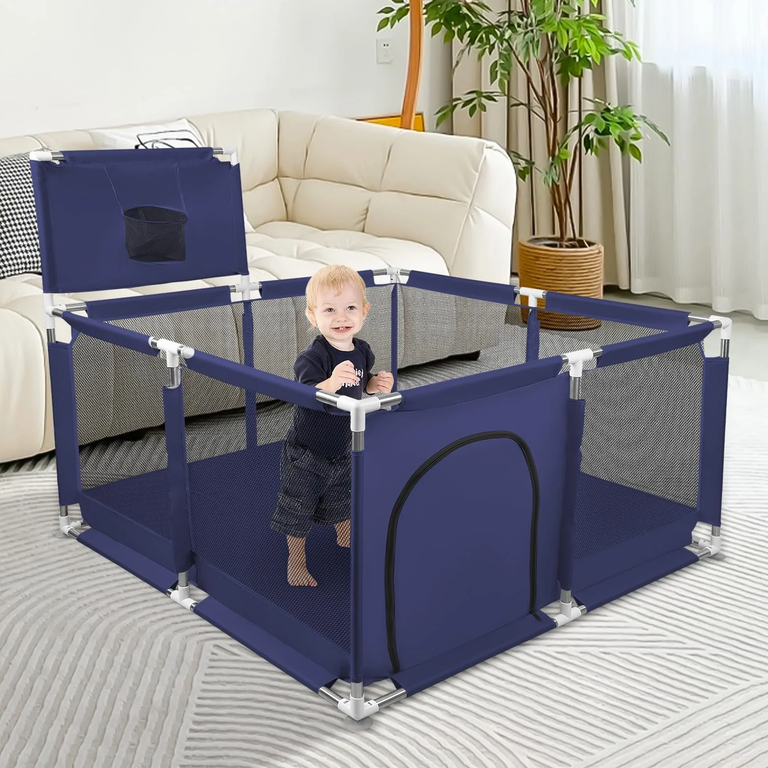 Parc Bébé Modulable Grand Centre d'Activités pour Enfants 126x126x66cm Bleu Marine avec 50 Boules Plastiques