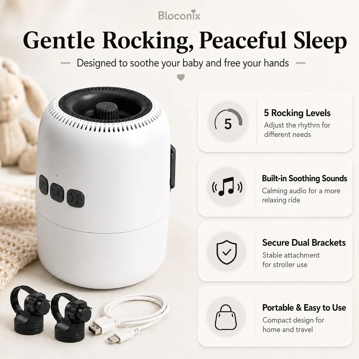 Baby Rocker Rechargeable avec 5 Niveaux d’Oscillation et Bruit Blanc - Réglable, Ultra-Silencieux, USB-C, 2 Supports Universels pour Toutes les Poussettes (Blanc)