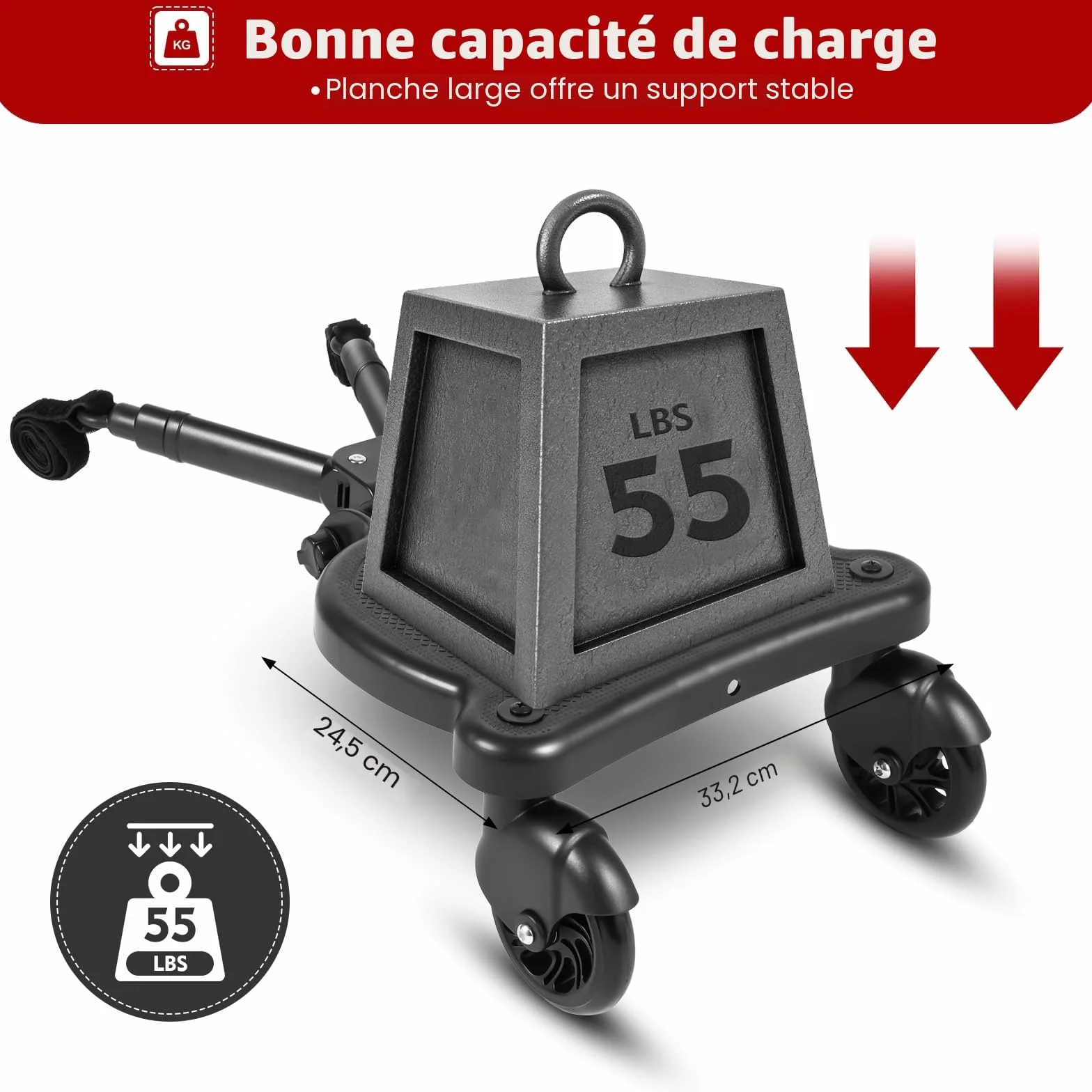 Planche Poussette Universelle avec Siège Amovible, Charge 25kg, Noir