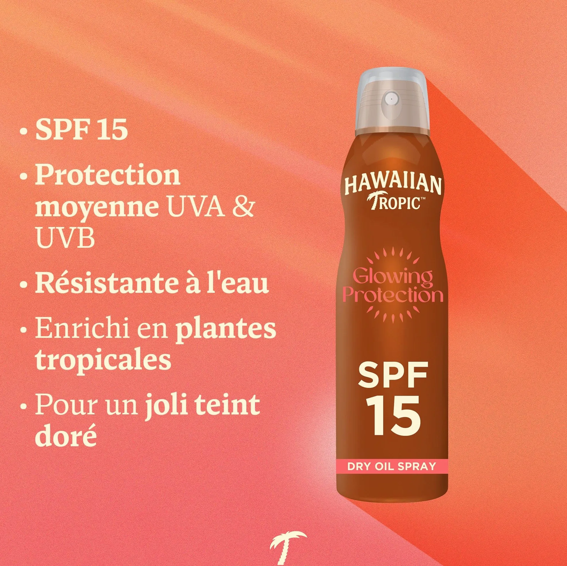 Hawaiian Tropic Brume huile sèche Glowing Protection SPF 15 UVA UVB Écran solaire en spray 177 ml