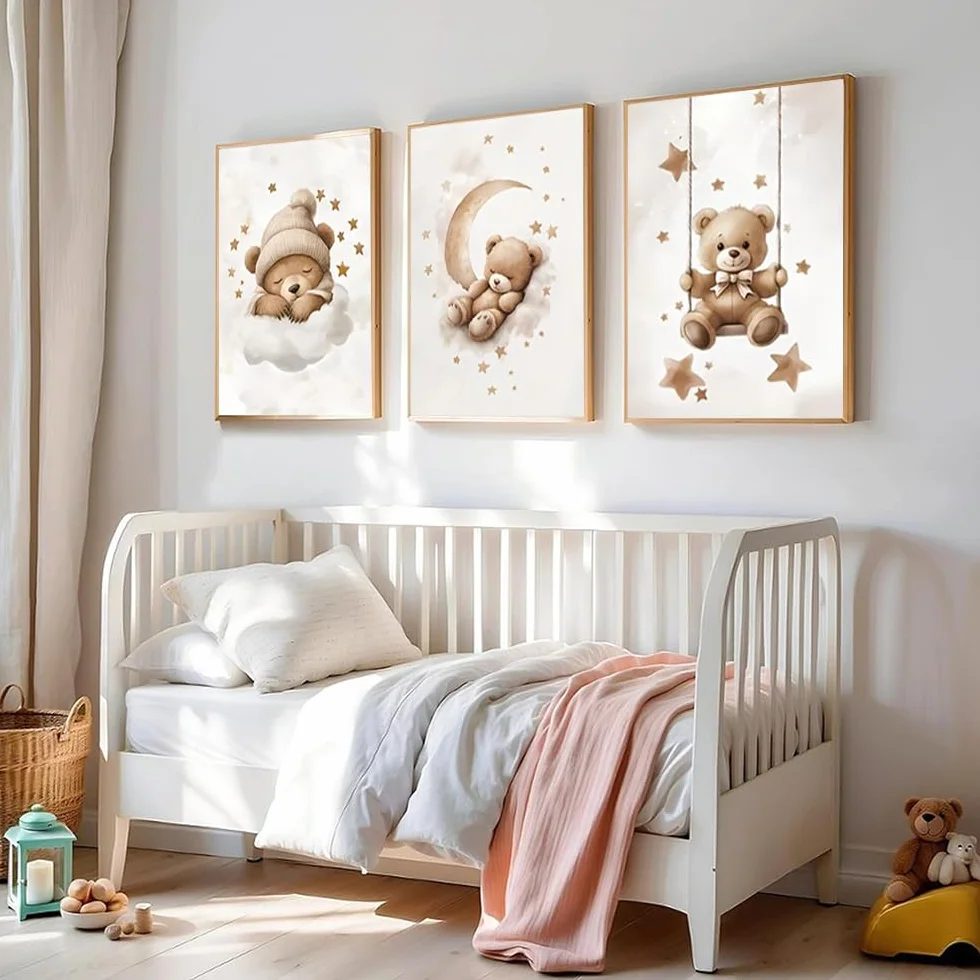 Affiche Ourson Chambre Bebe 30x40cm Poster Nounours Beige Tableau Decoration Murale Enfant Garcon Toile sans Cadre