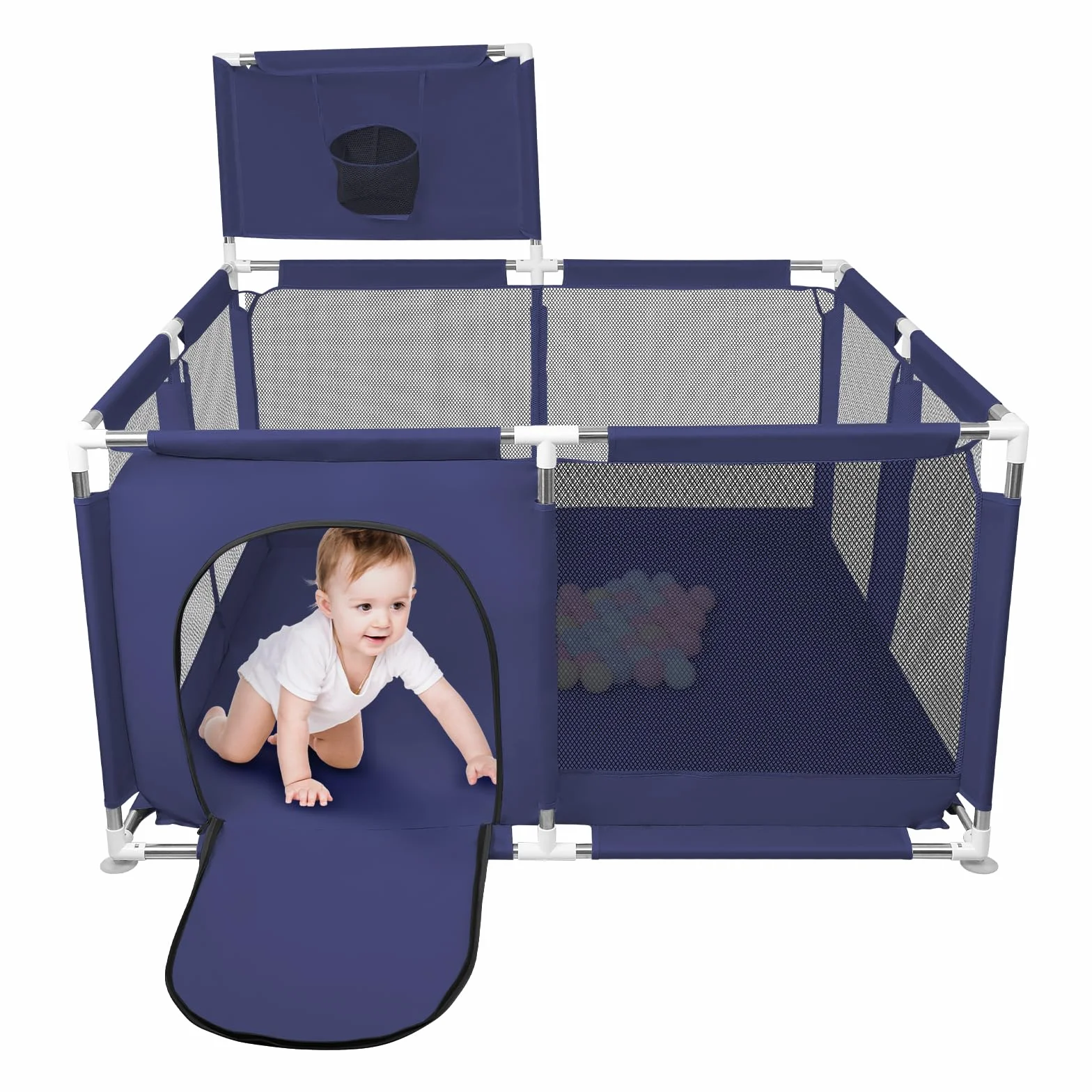 Parc Bébé Modulable Grand Centre d'Activités pour Enfants 126x126x66cm Bleu Marine avec 50 Boules Plastiques