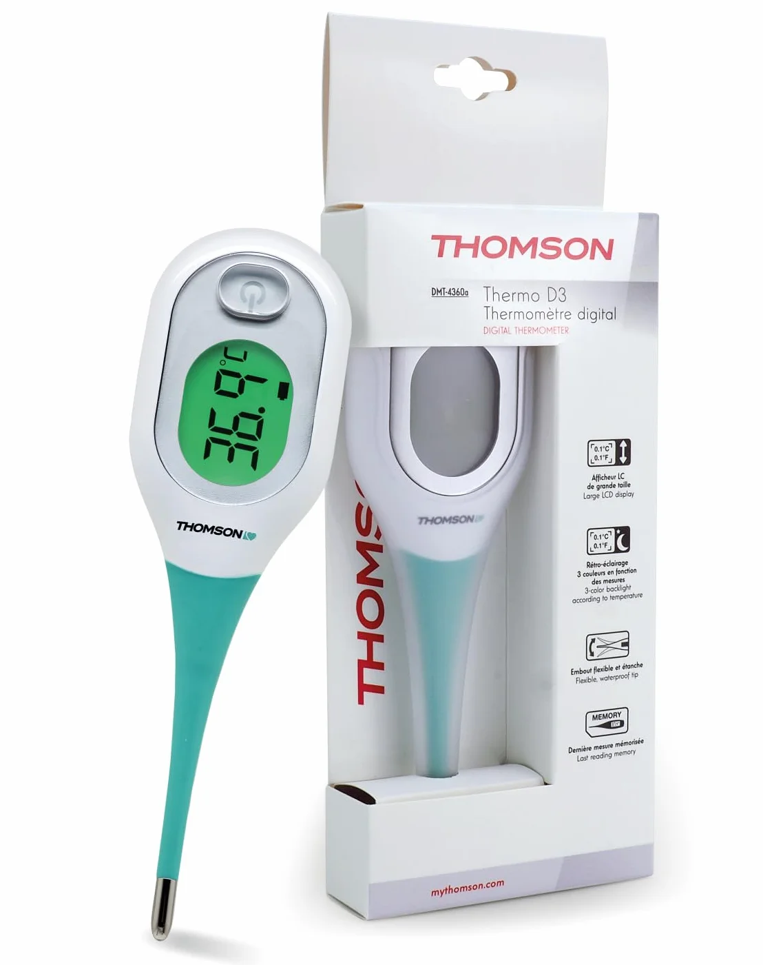 THOMSON Thermo D3 Thermomètre Digital Haute Précision Mesure Rapide <10s Écran LCD Rétroéclairé 3 Couleurs Mémoire Usage Oral Axillaire Rectal Étanche IP27