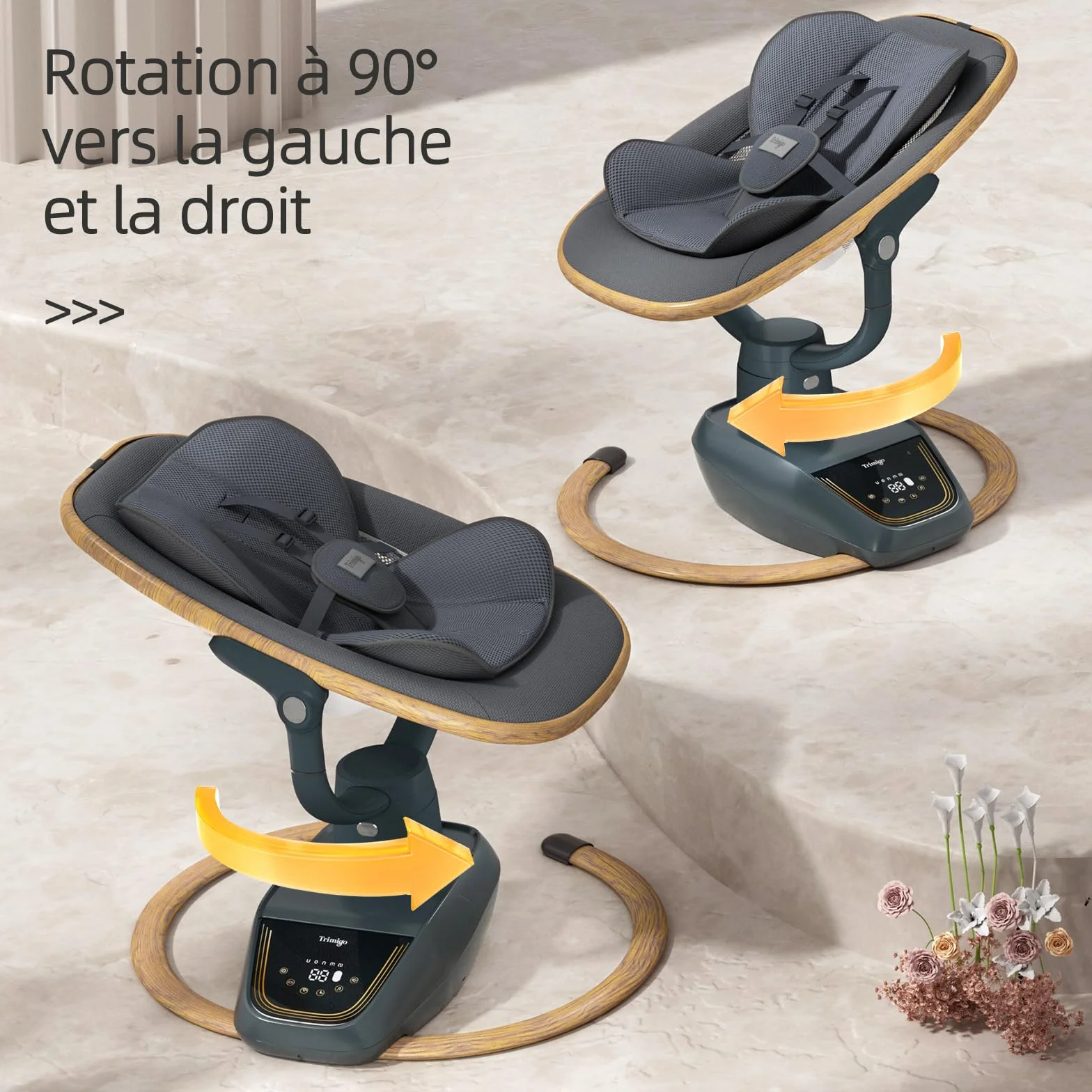 Balançoire bébé électrique 180° réglable 3D avec télécommande 5 modes 4 vitesses 0-12 mois bois